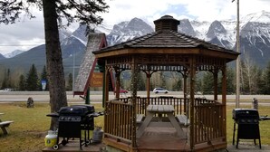 A gazebo with a picnic table and barbecue grills, set against a backdrop of snow-capped mountains.