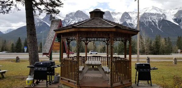 A gazebo with a picnic table and barbecue grills, set against a backdrop of snow-capped mountains.