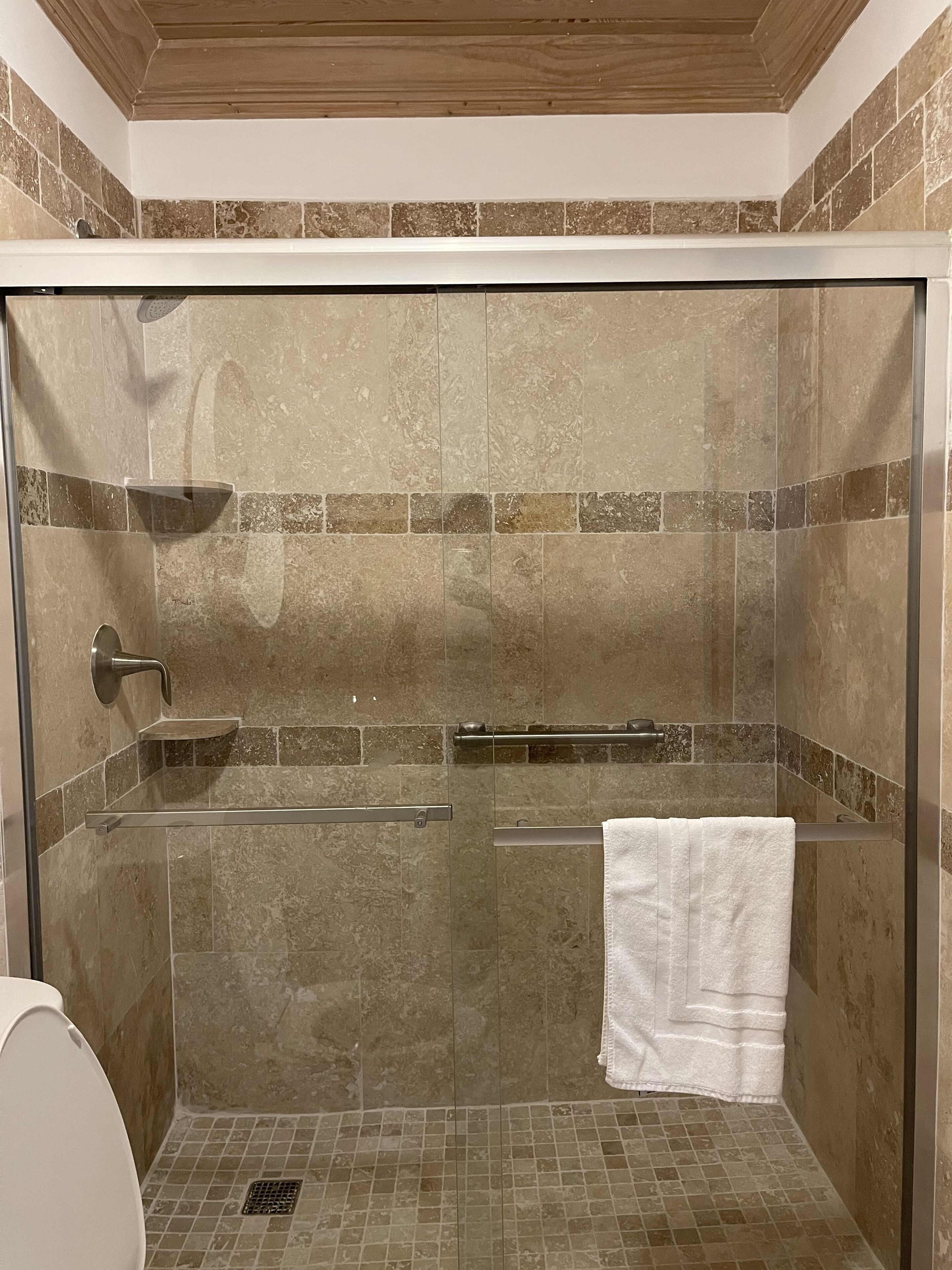 Un espace douche doté d’une porte en verre, d’un porte-serviettes et d’un pommeau de douche.