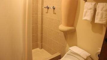 Double Room, 2 Double Beds | Bathroom | Shower, hair dryer, towels