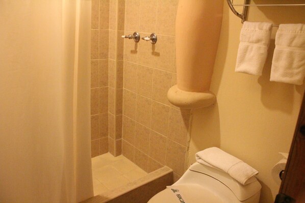 Un baño con ducha, inodoro y toallero.