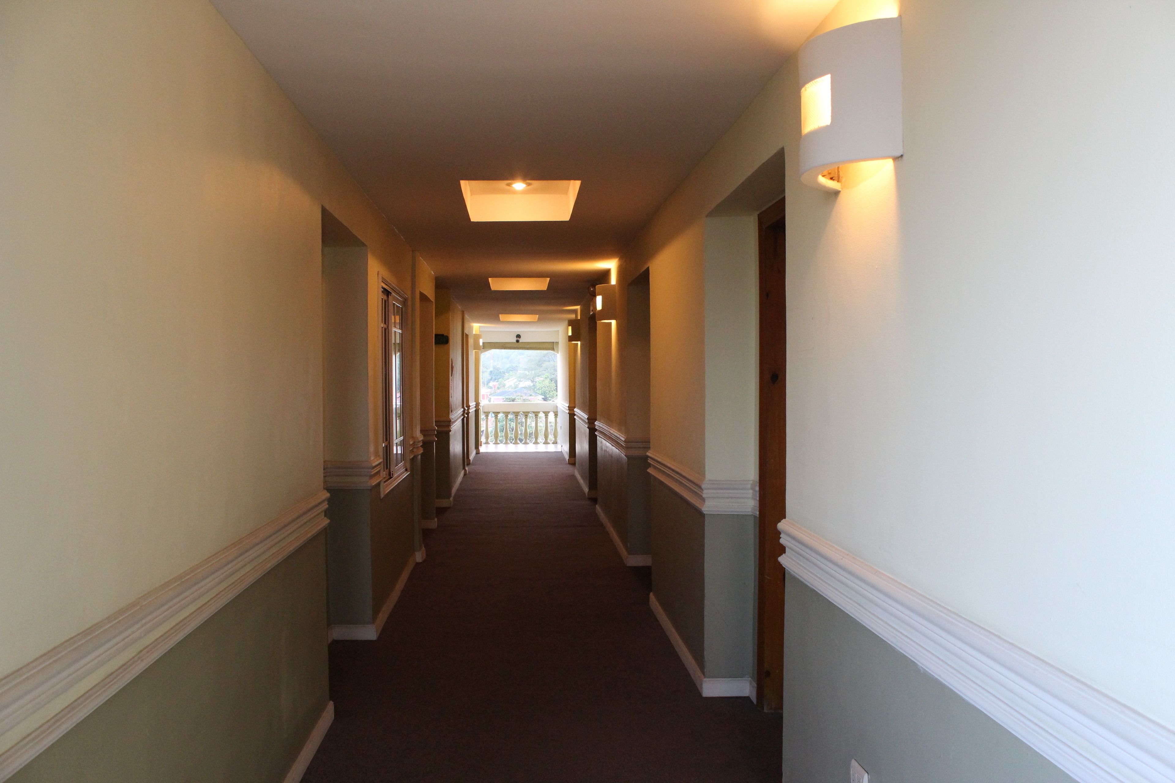 A long, narrow hallway with a carpeted floor, white walls, and a wooden door at the end.
