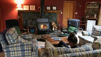 A cozy living room with plaid furniture, a stone fireplace, and a wood-burning stove.