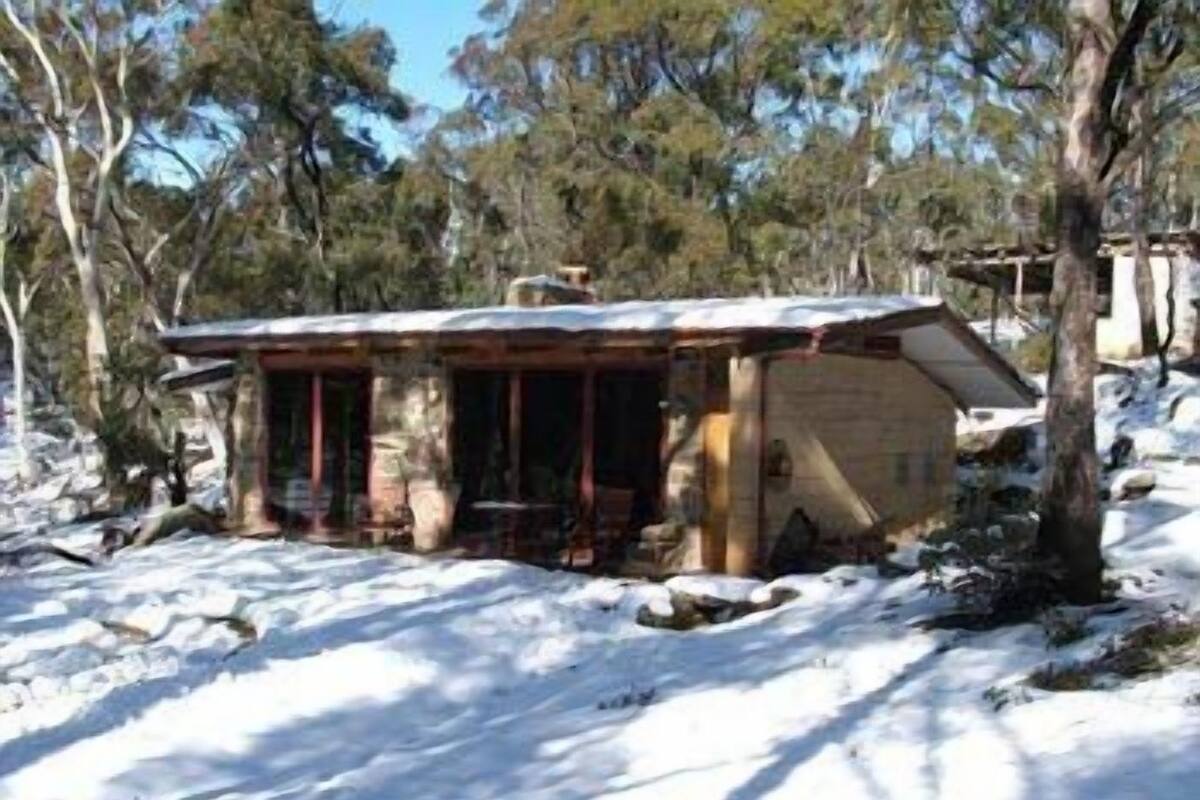 Une petite cabane en bois, entourée d’arbres, se dresse au milieu d’un paysage enneigé.