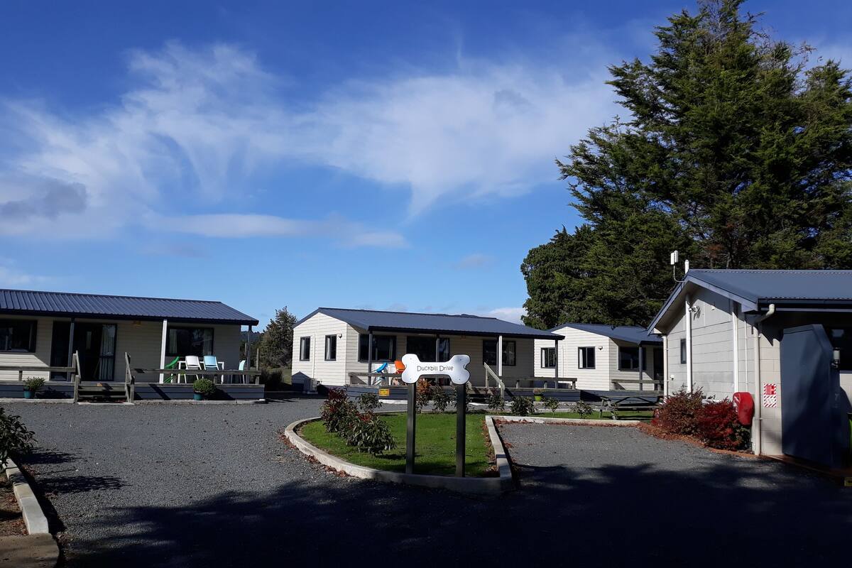 A row of modern, single-story cabins with a covered outdoor area, a sign indicating 'Duckbill Drive', and a clear sky.
