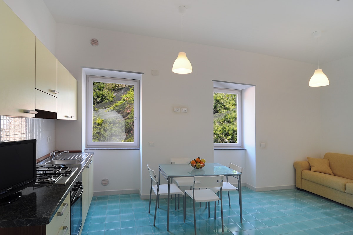 Una cocina moderna con estufa a gas, armarios blancos y un comedor con mesa y sillas de vidrio. Hay dos ventanas que aportan luz natural y vistas al exterior con vegetación.