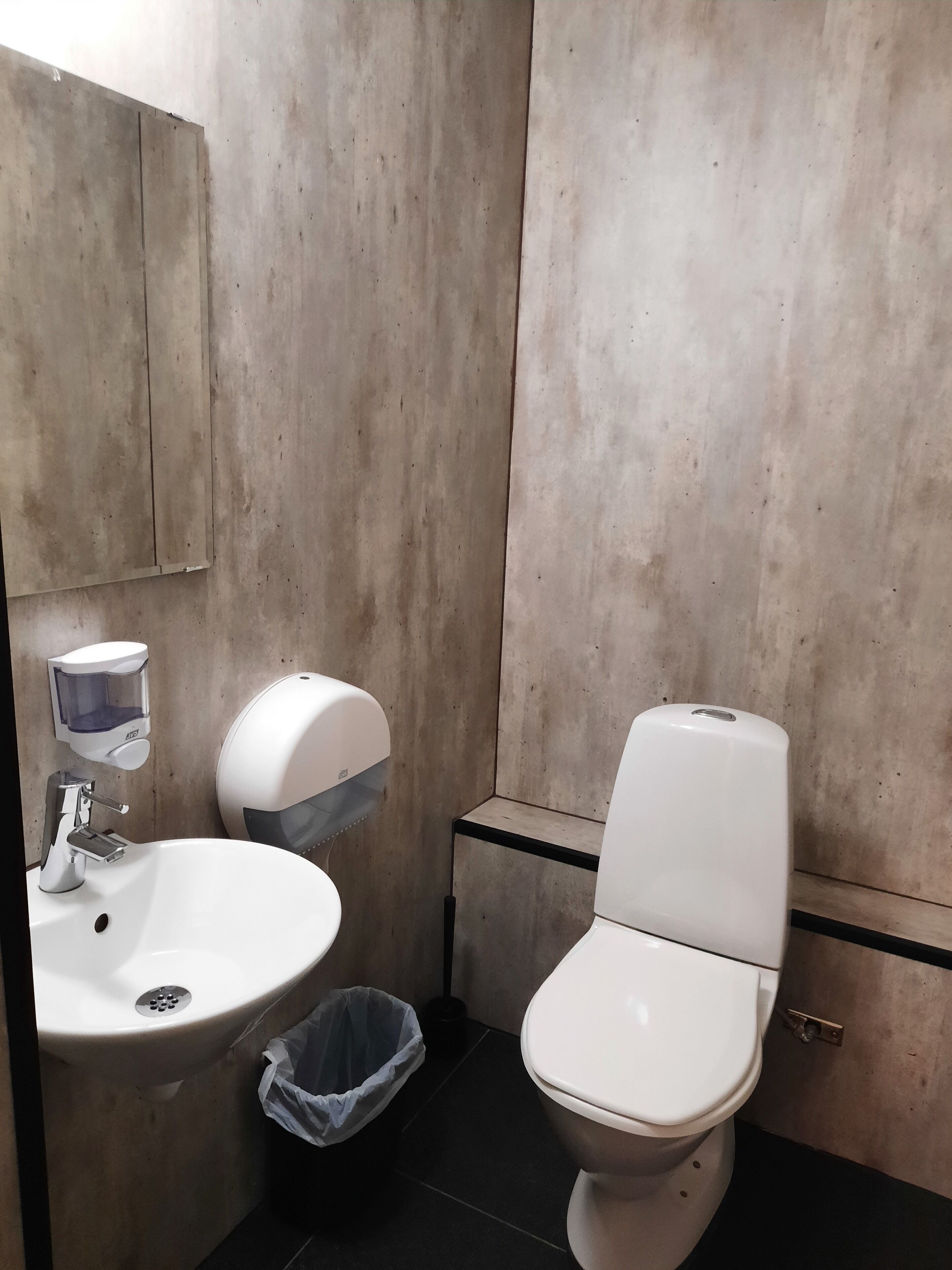 A bathroom with a toilet, sink, and hand dryer.