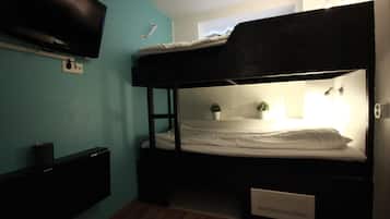 A bunk bed room with a television on the wall, a small plant, and a window.