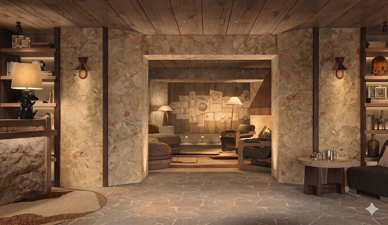 A cozy interior with a stone floor, wooden ceiling, and a seating area with a fireplace.
