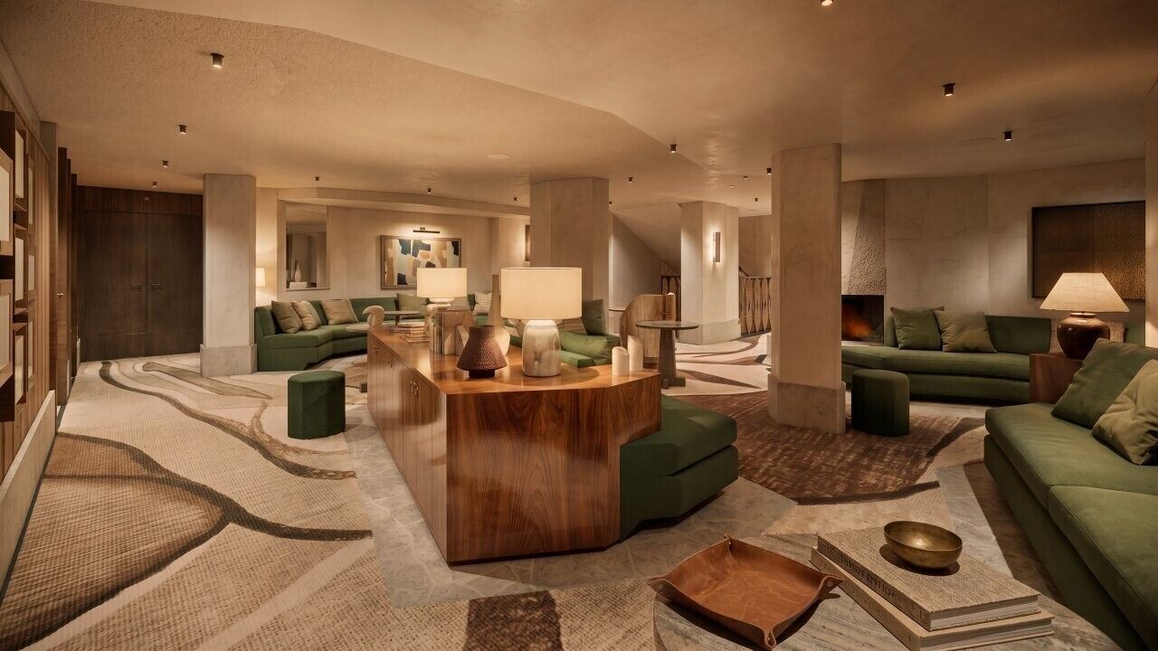 A modern interior with a central wooden structure, green sofas, and a patterned carpet.