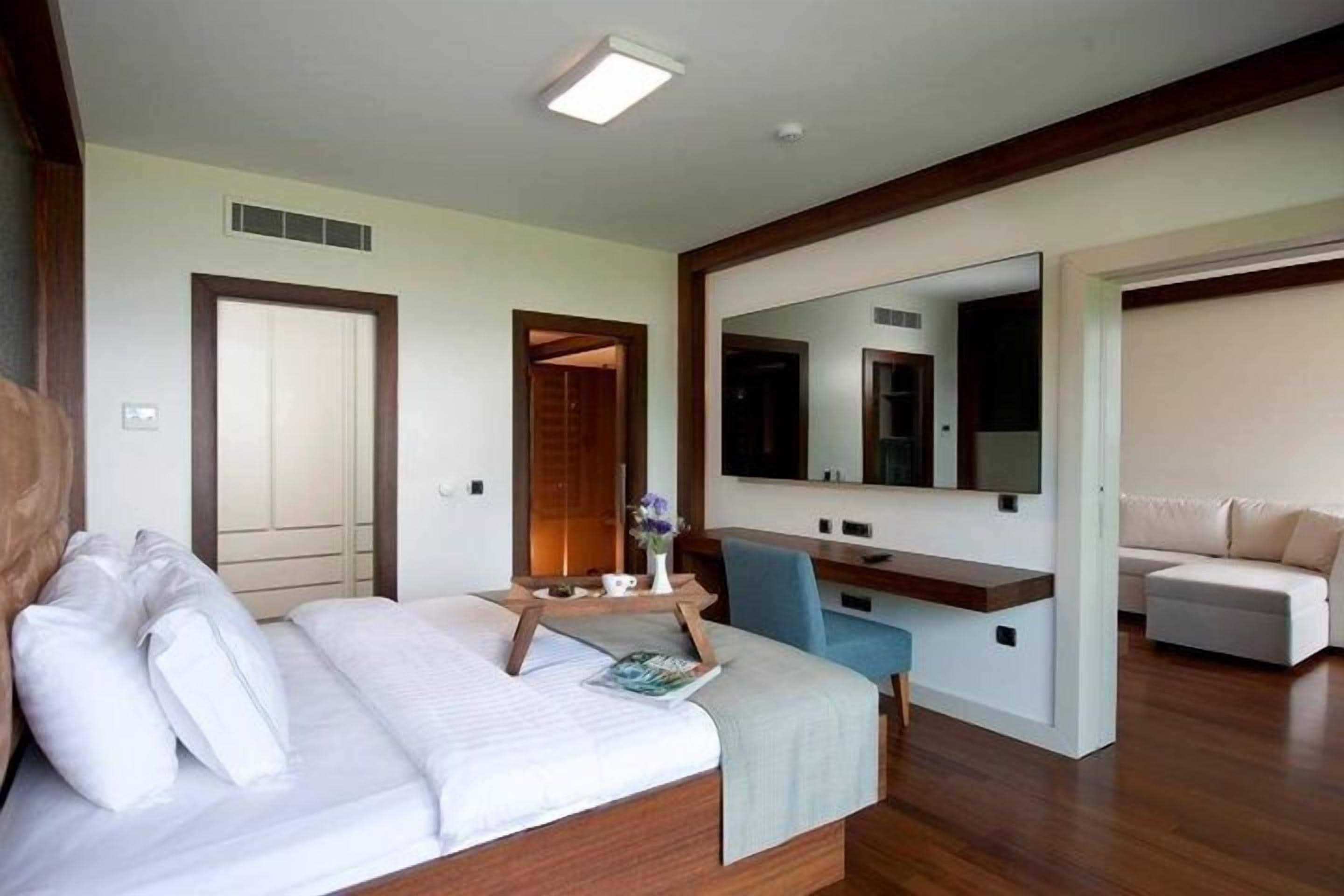 A hotel room with a bed, a desk, a chair, a sofa, and a large mirror.