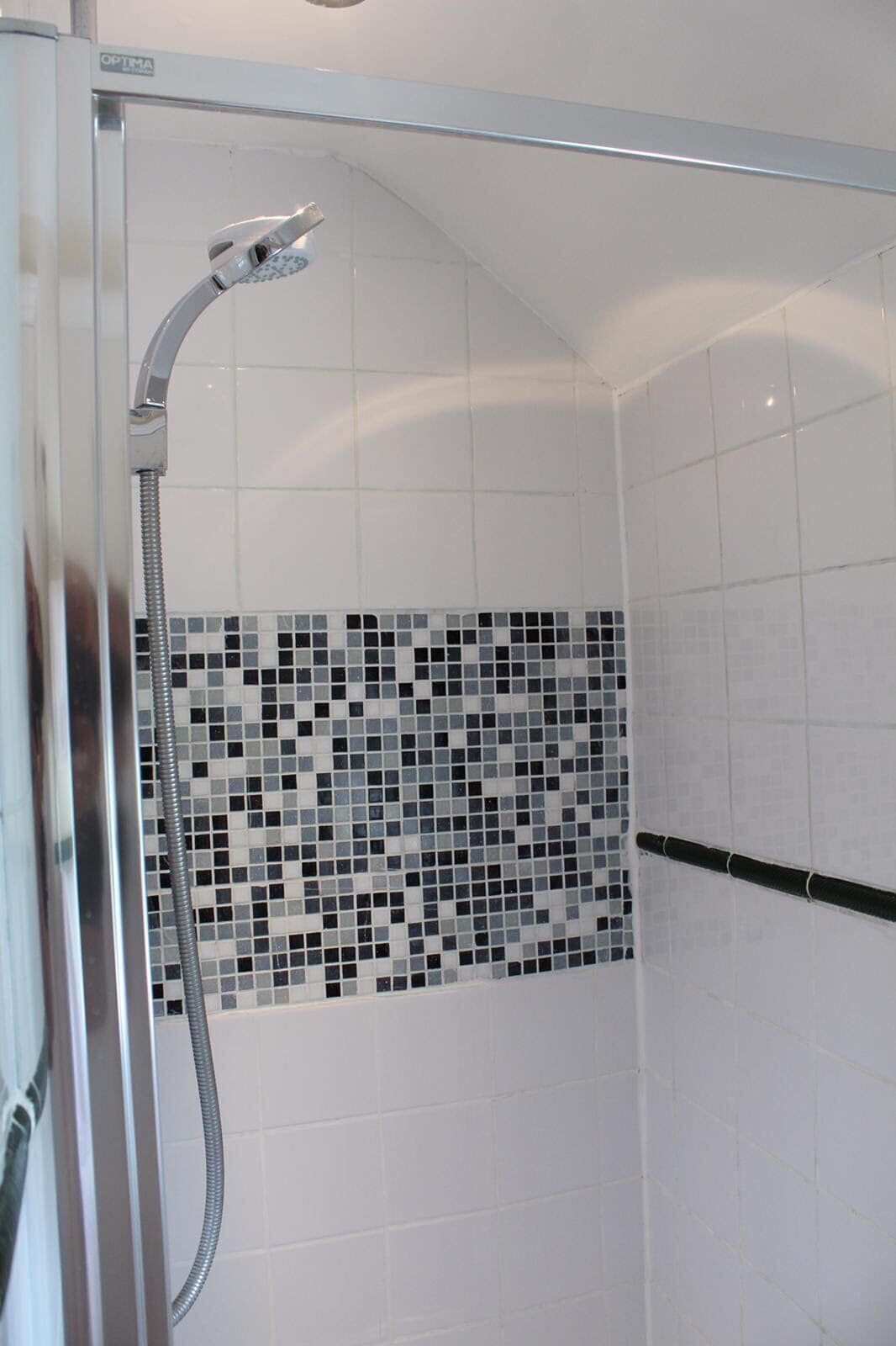 A shower with a chrome handle and a flexible hose, tiled walls, and a mosaic tile design on the lower wall.