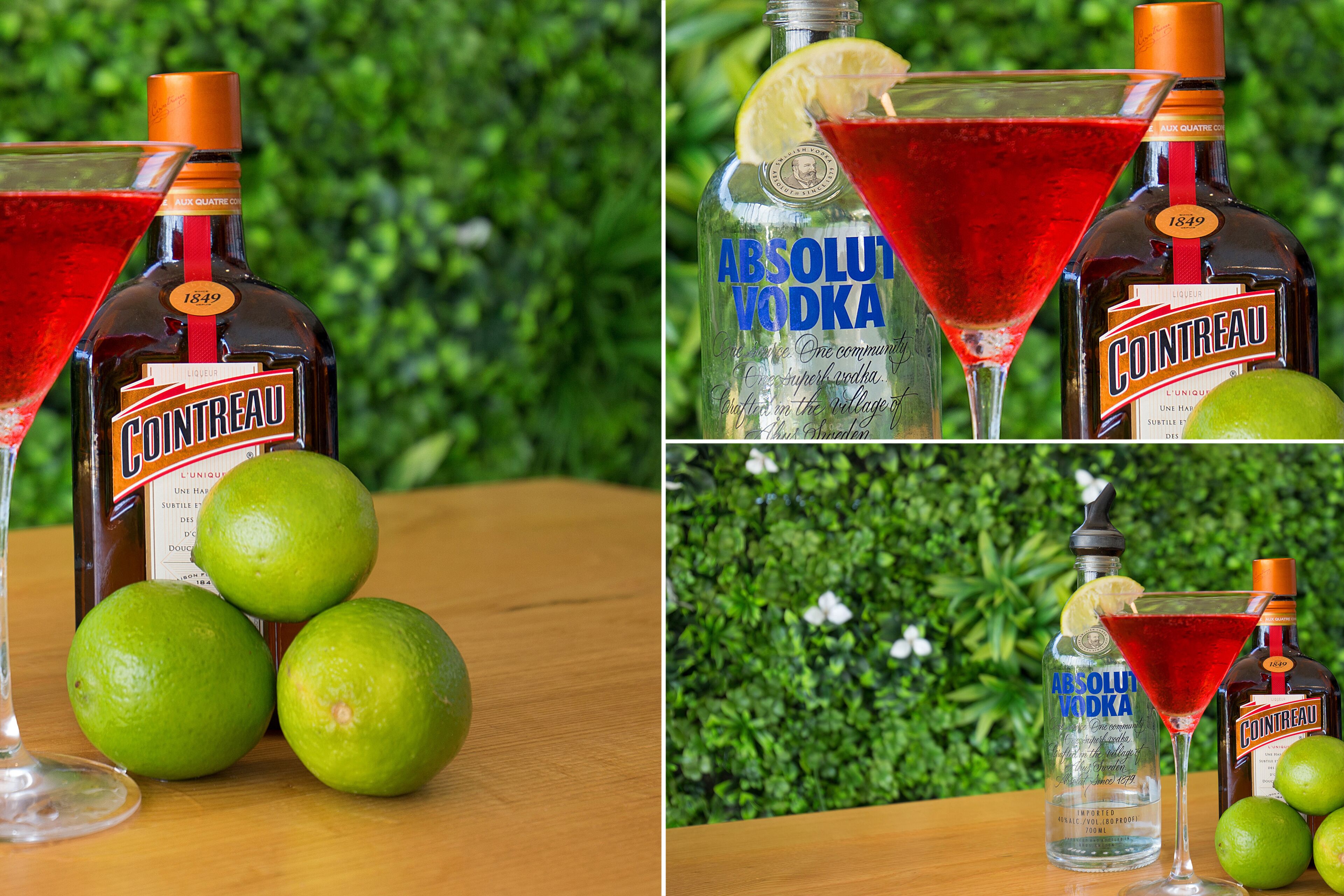 A bottle of Cointreau and a bottle of Absolut Vodka with limes and a martini glass.