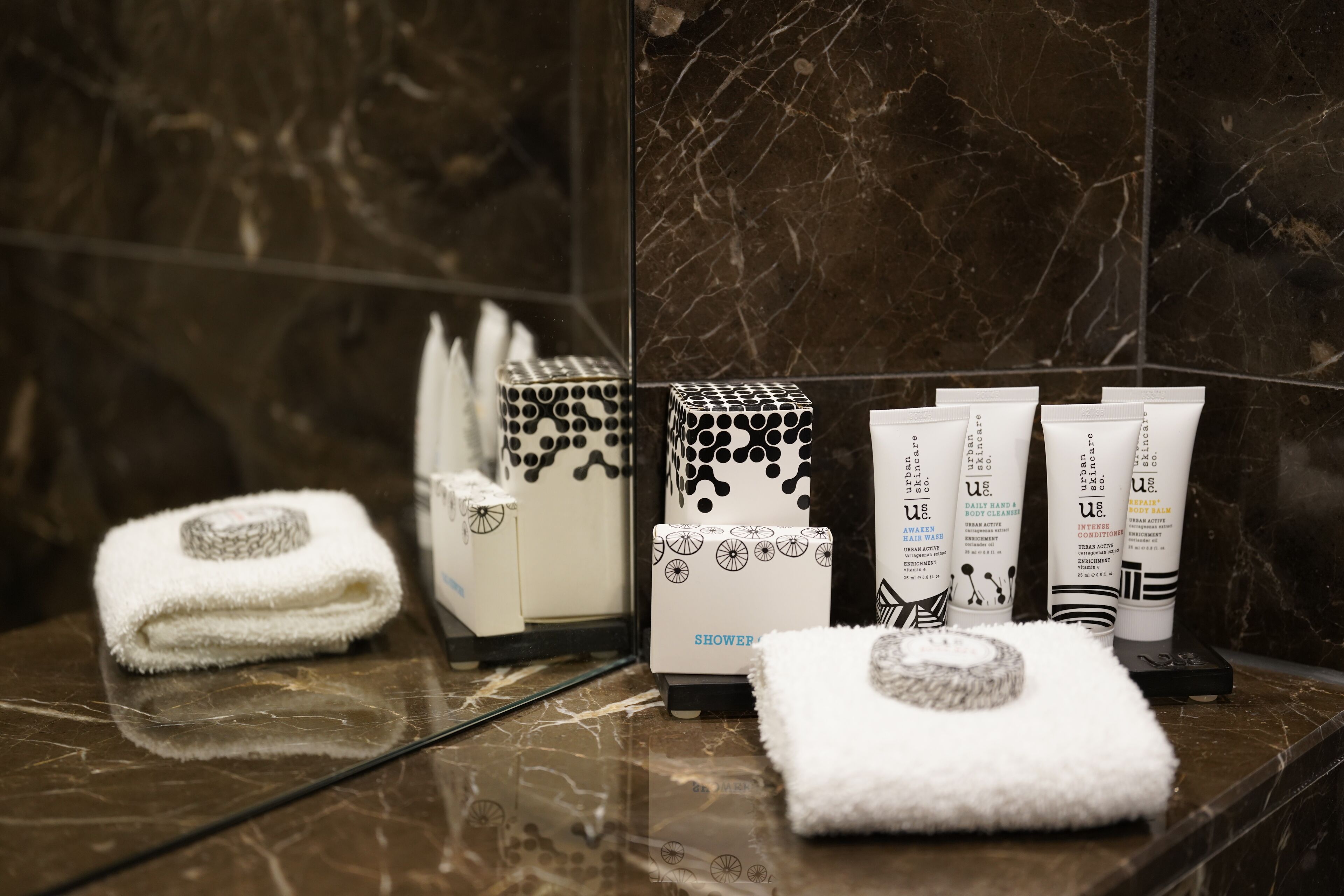 shower, rainfall showerhead, designer toiletries, hair dryer