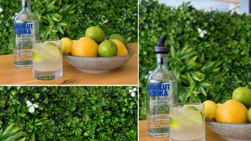 A bottle of Absolut Vodka, a glass of vodka with lime, and a bowl of lemons and limes.