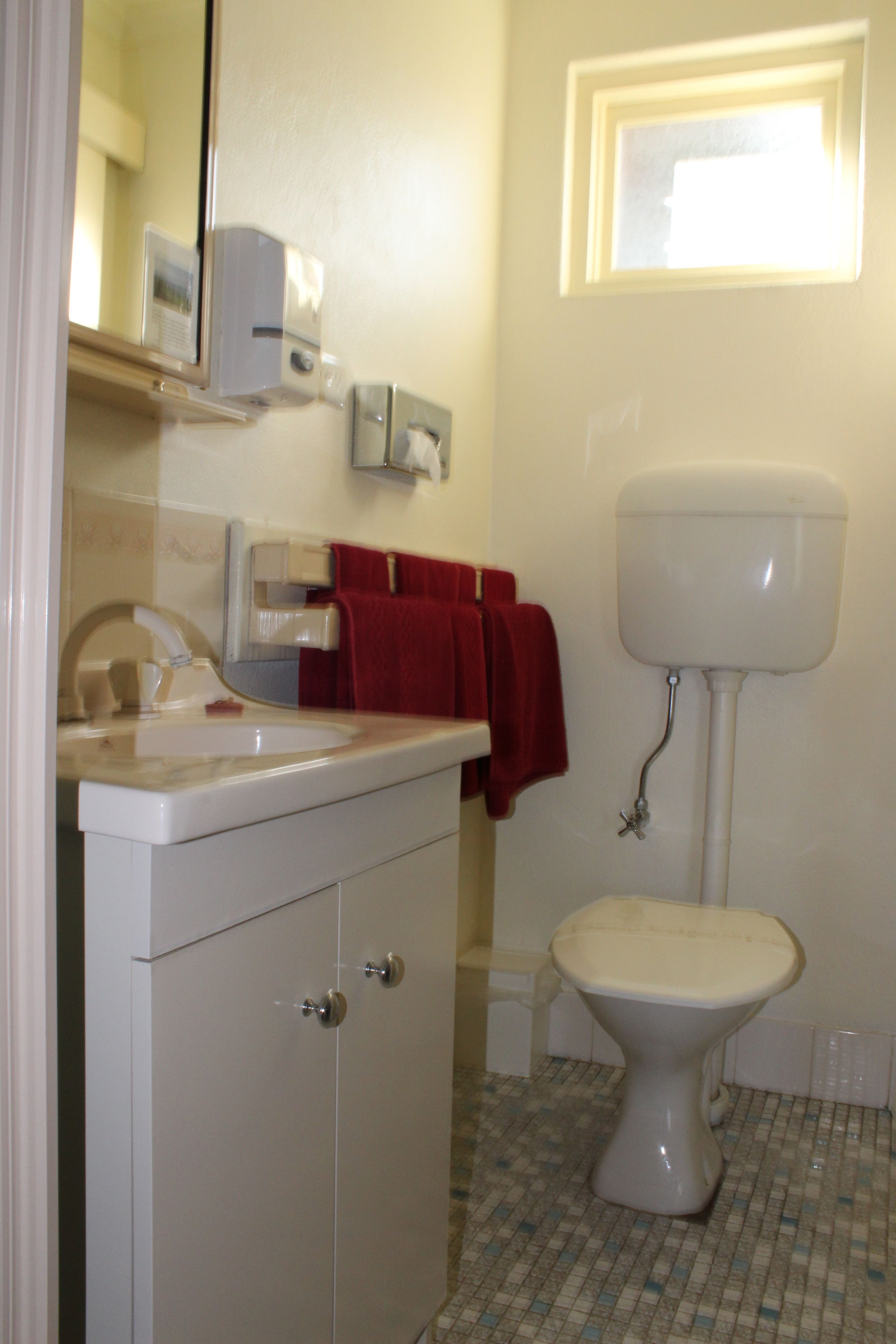 Un baño con inodoro, lavabo y espejo.