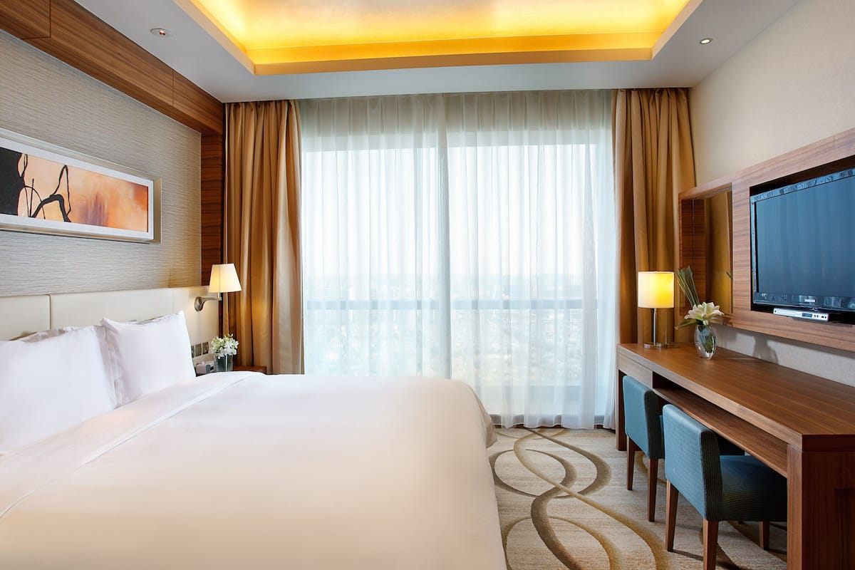 A hotel room with a large bed, a desk with a TV, and a view of the city through the window.