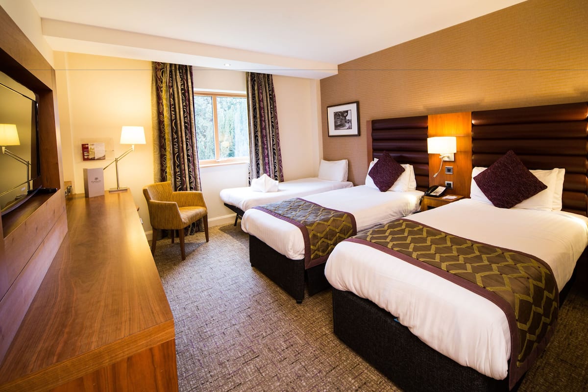 A hotel room with two beds, a desk, a chair, a TV, and a window with curtains.