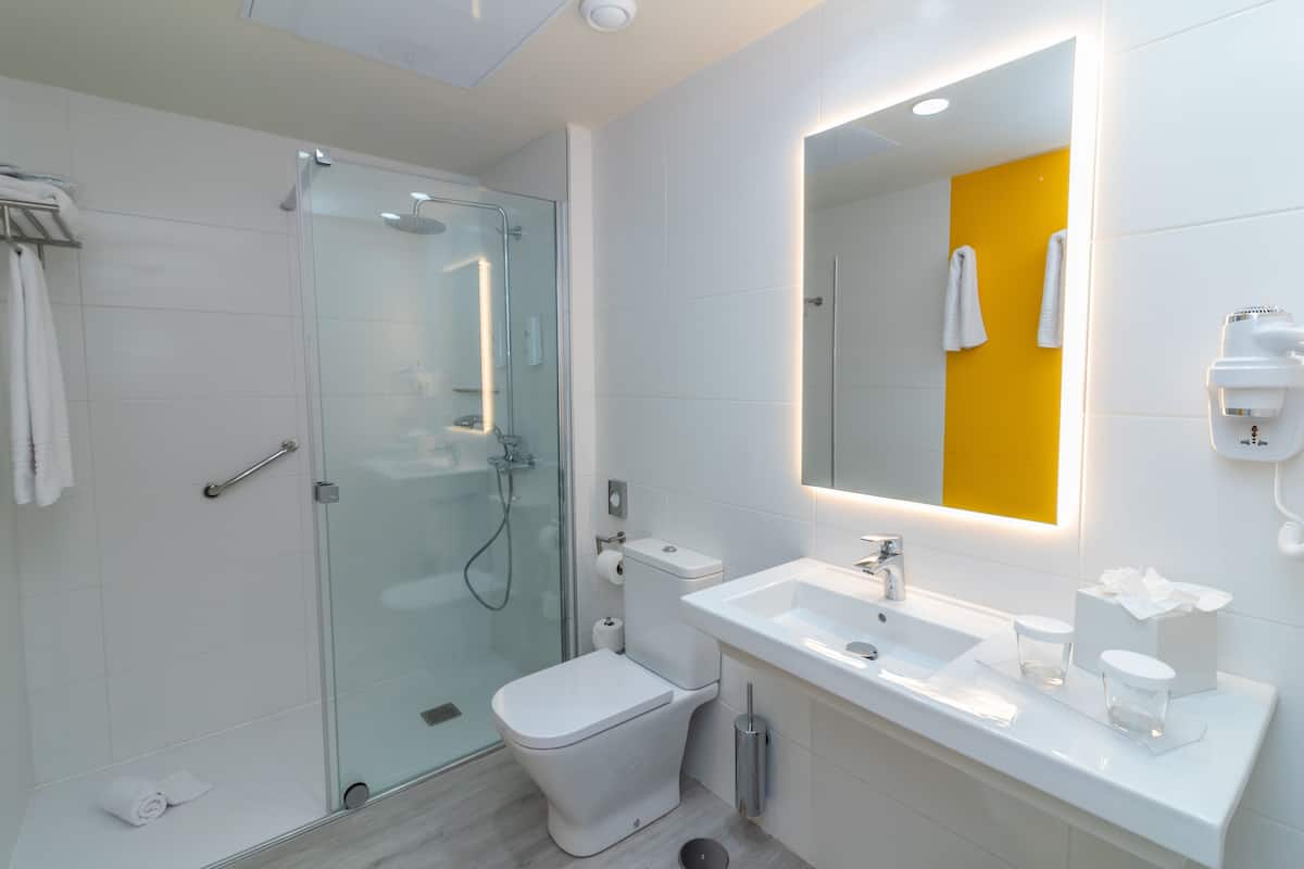 shower, free toiletries, hair dryer, towels