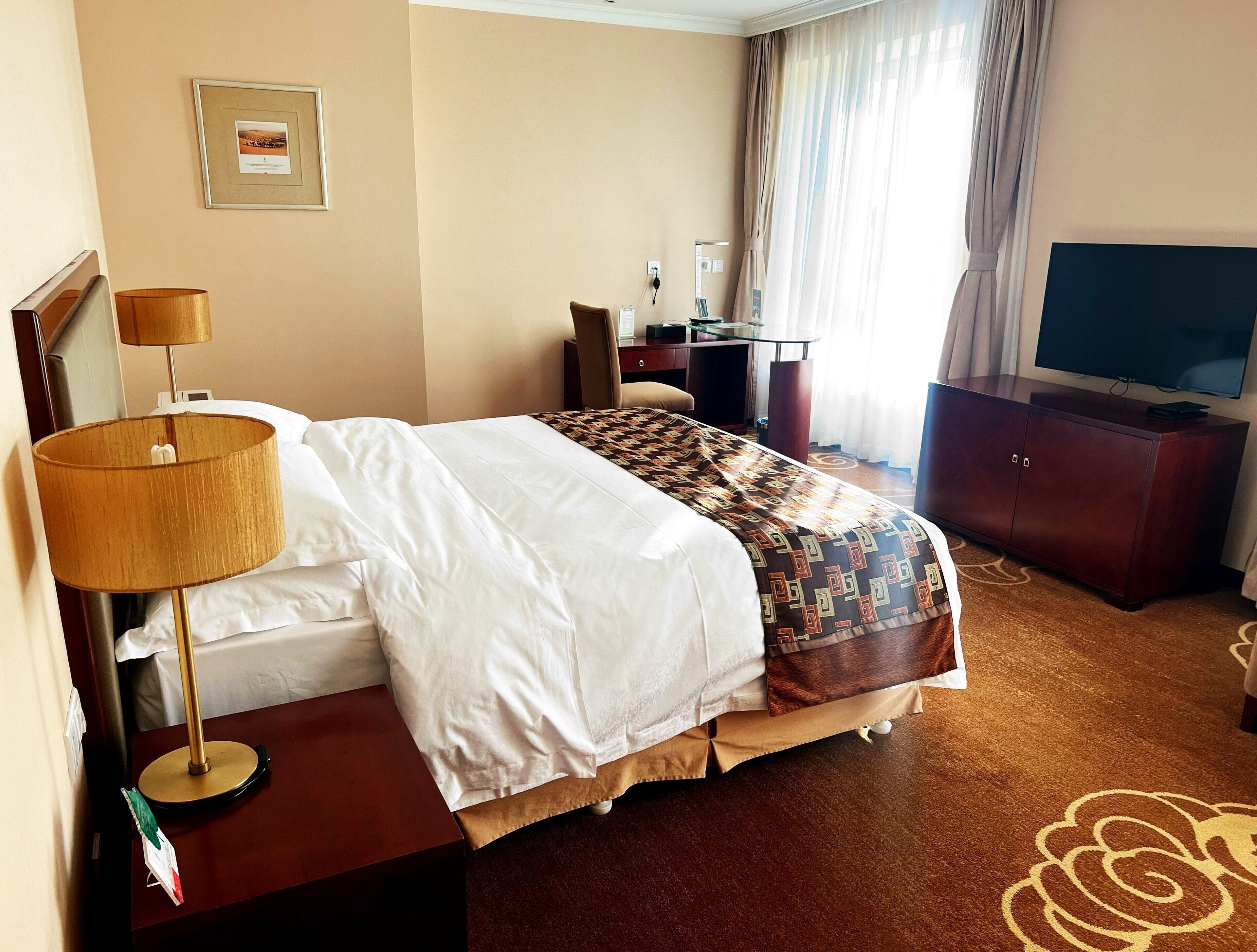 Habitació d'hotel amb llit, escriptori, cadira, televisor i moqueta amb motius florals.