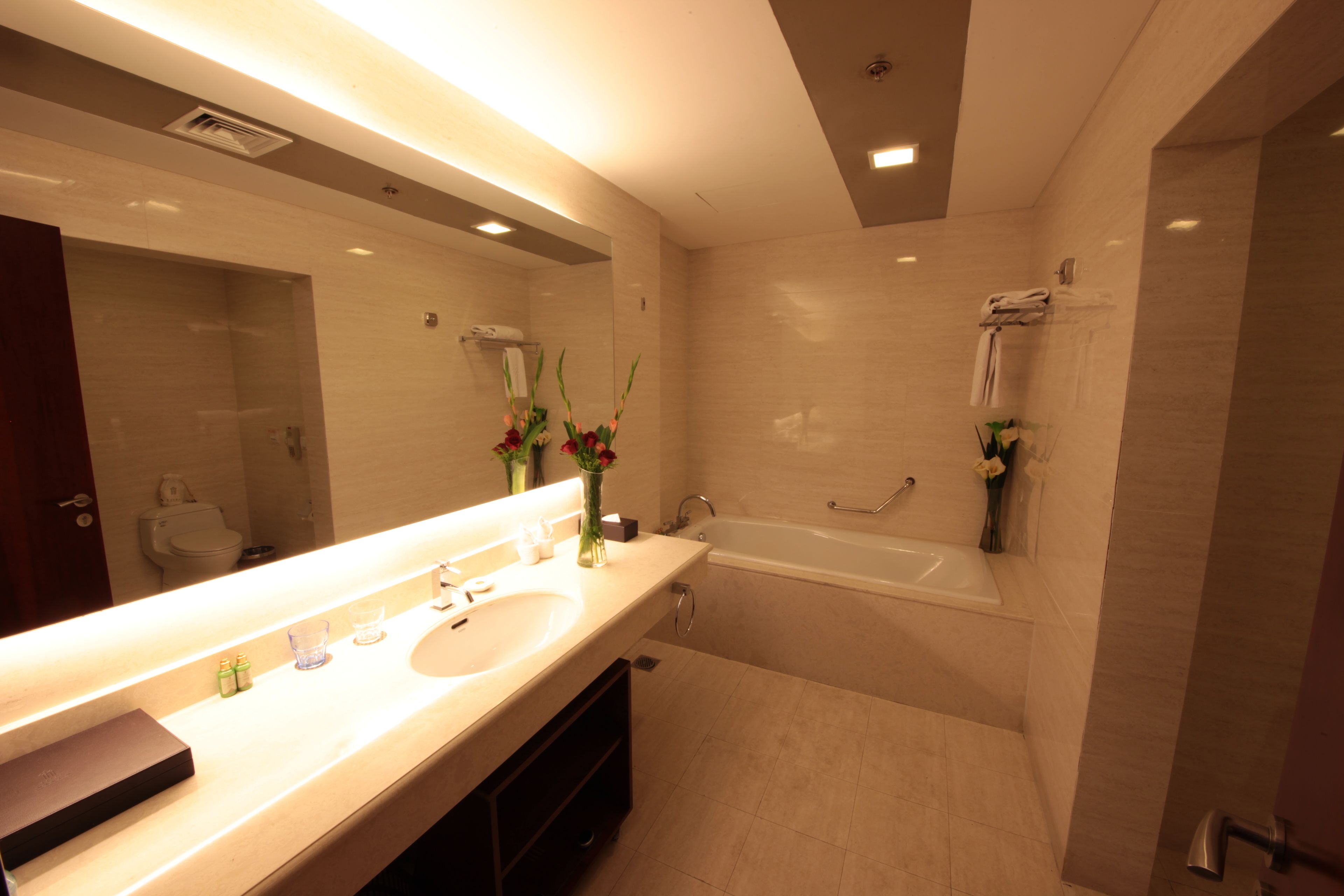 deluxe suite | bathroom | rainfall showerhead, free toiletries, hair dryer, bathrobes