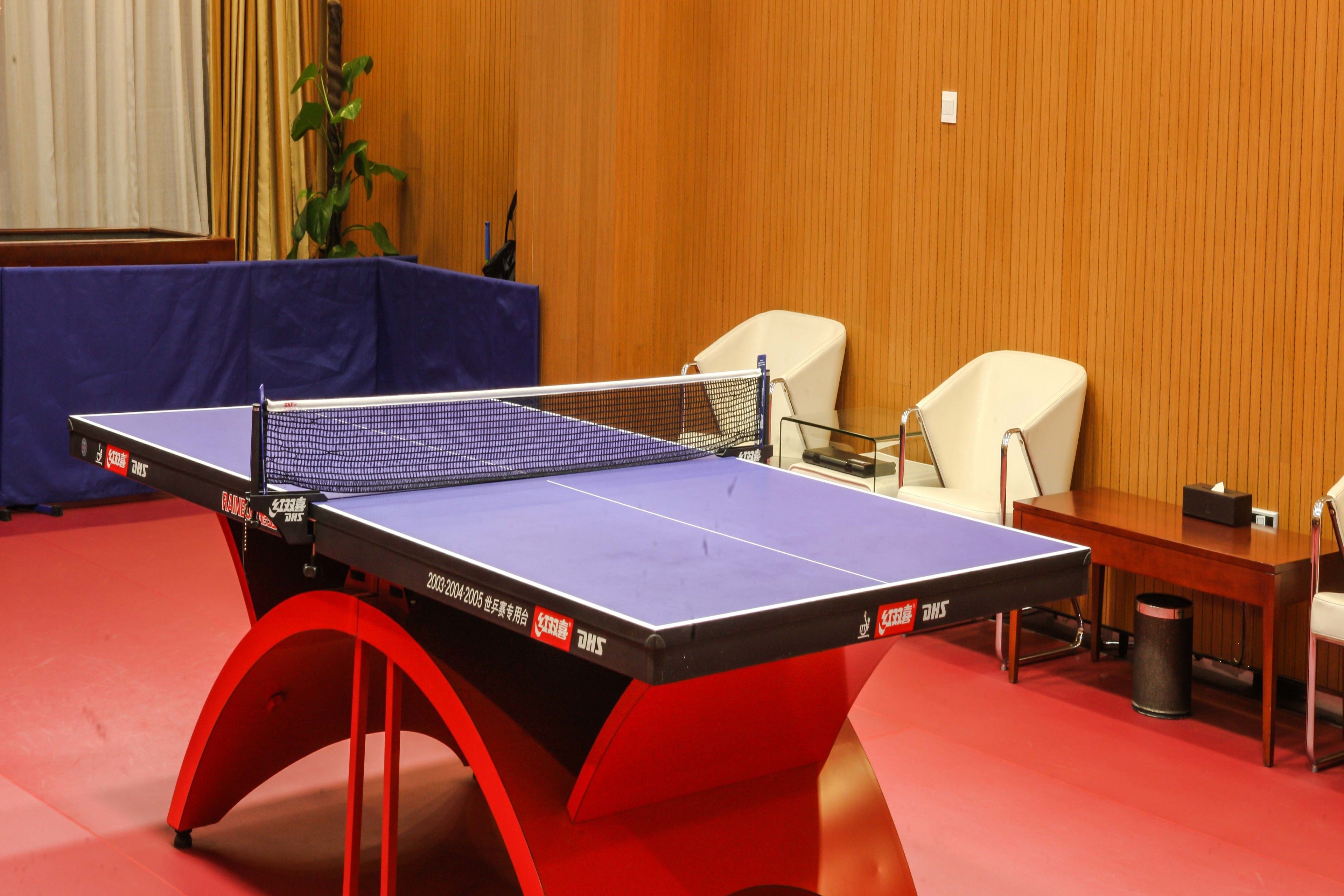 Une table de ping-pong avec un filet, entourée d’un cadre rouge et noir, dans une pièce aux murs lambrissés et ornée d’un rideau bleu.