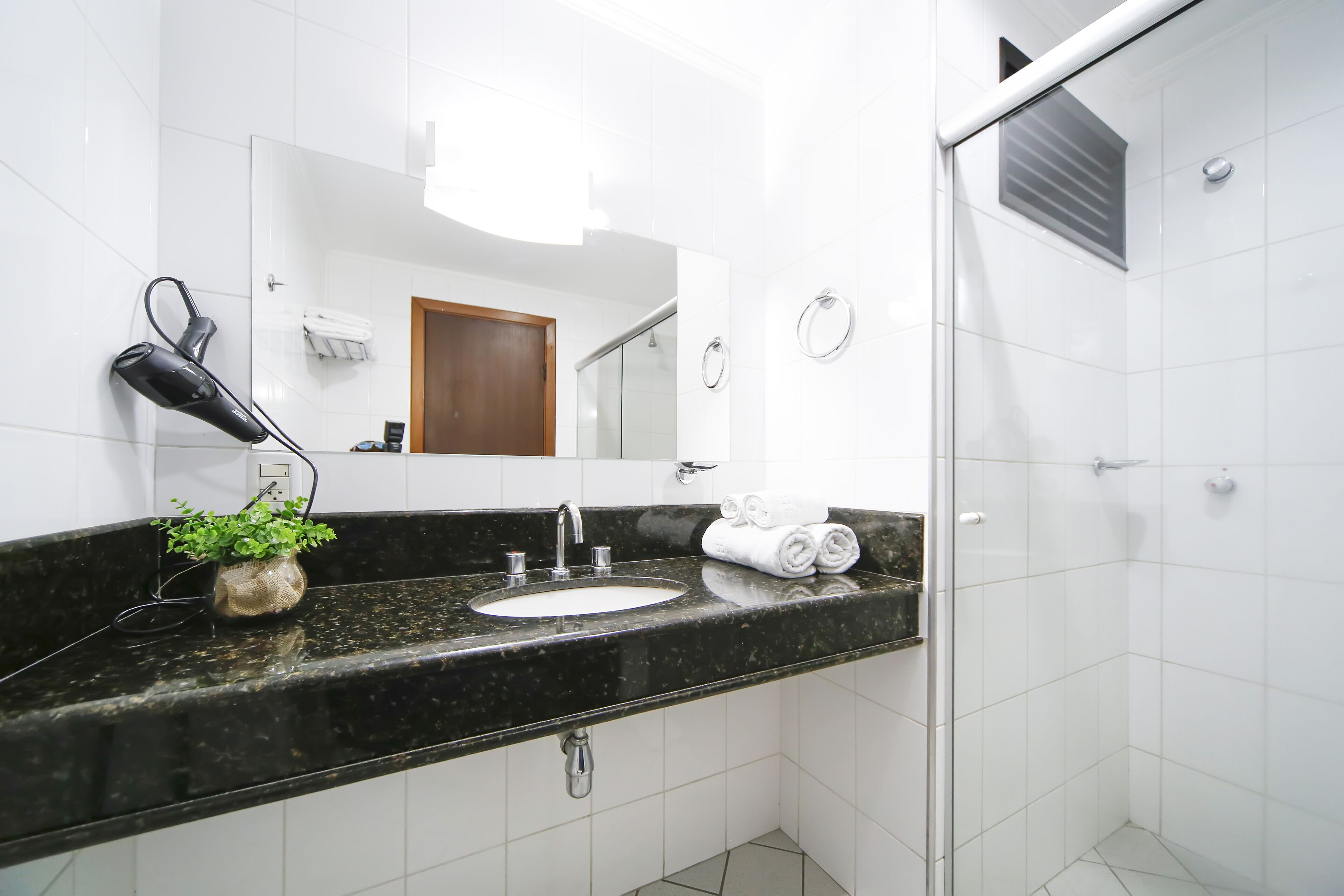 shower, free toiletries, hair dryer, towels