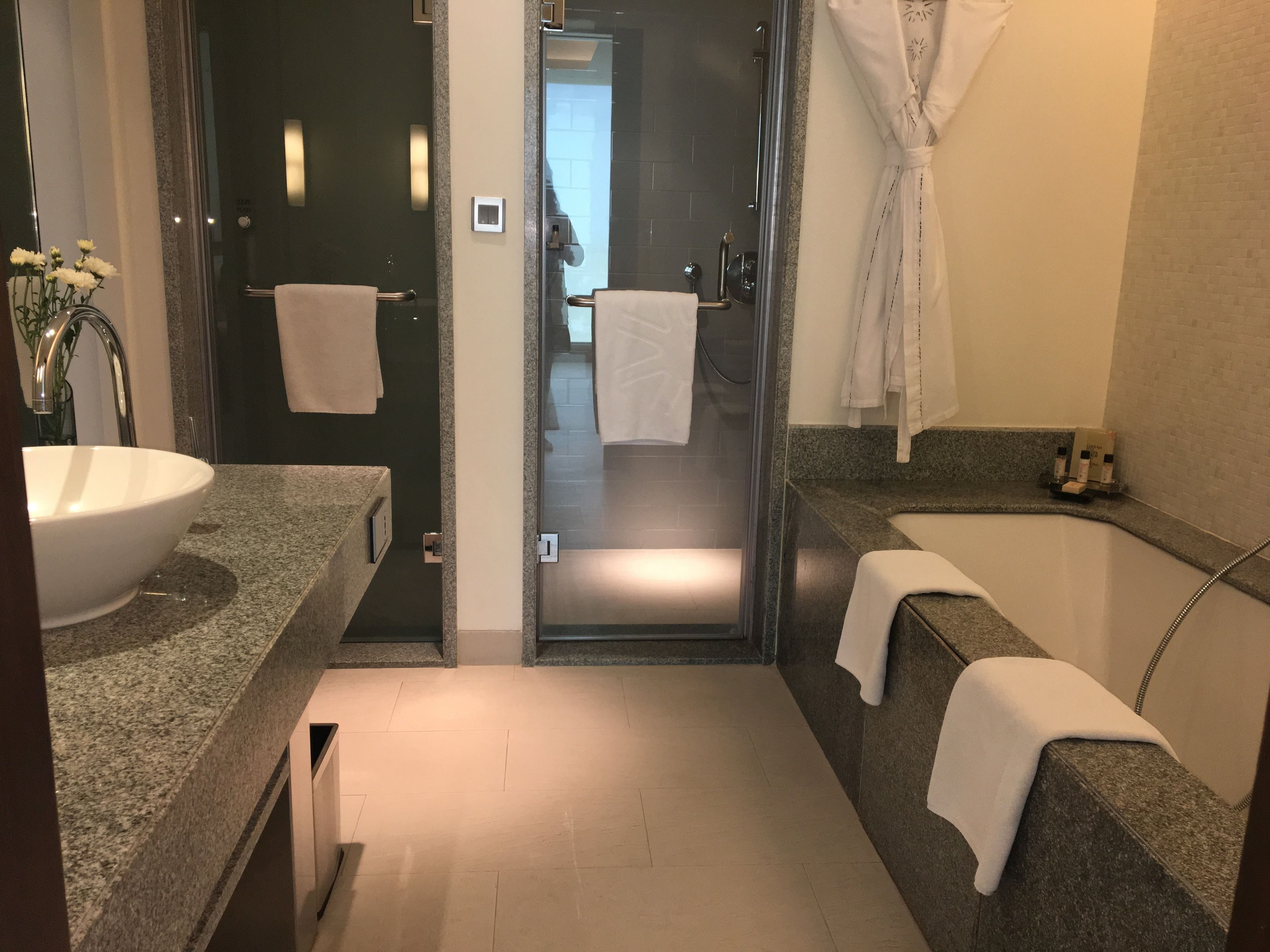 rainfall showerhead, designer toiletries, hair dryer, bathrobes