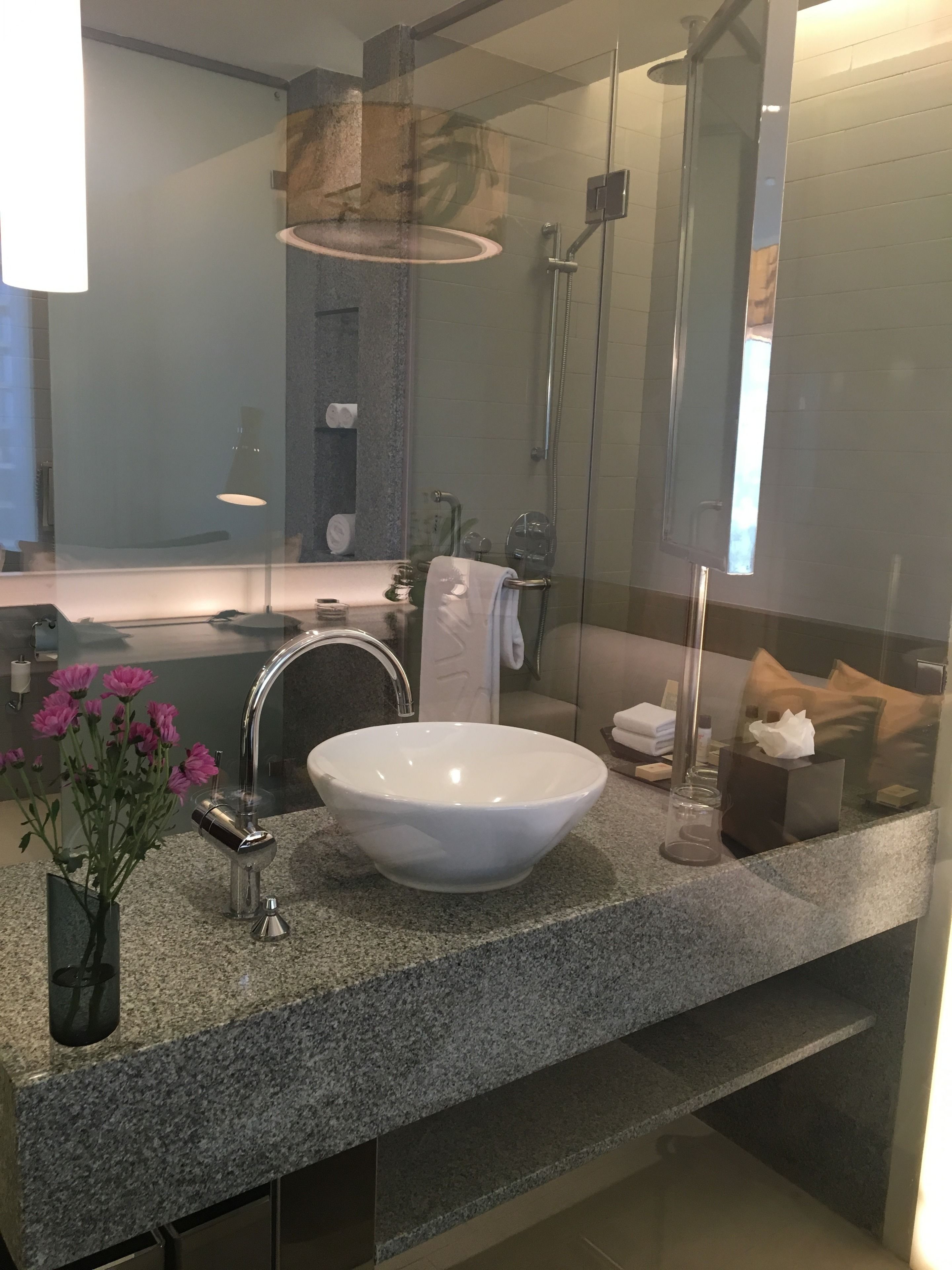 rainfall showerhead, designer toiletries, hair dryer, bathrobes