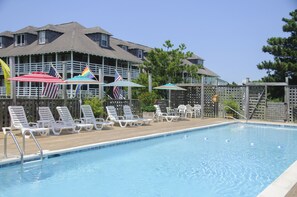 Seasonal outdoor pool, open 8 AM to 8 PM, pool umbrellas, sun loungers - The First Colony Inn (Nags Head)