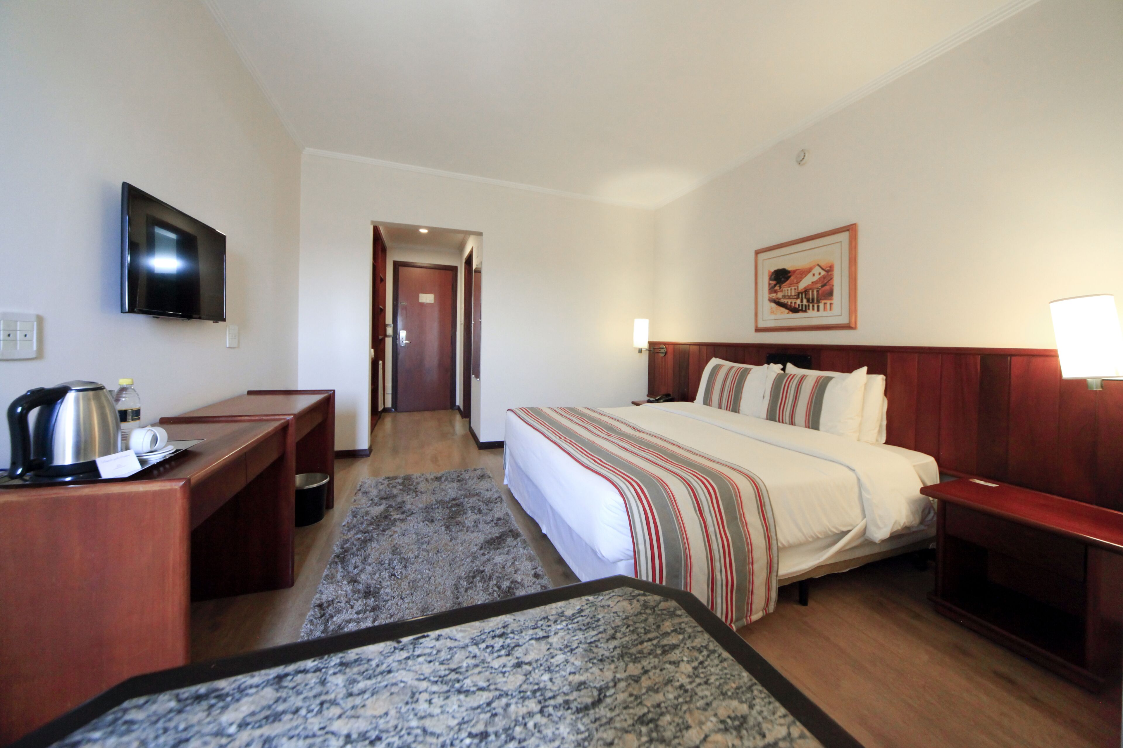 Una habitación de hotel con una cama, un escritorio, un televisor y un cuadro en la pared.