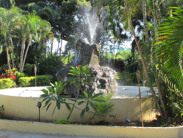 Een waterfontein omringd door tropische planten en een gele muur.