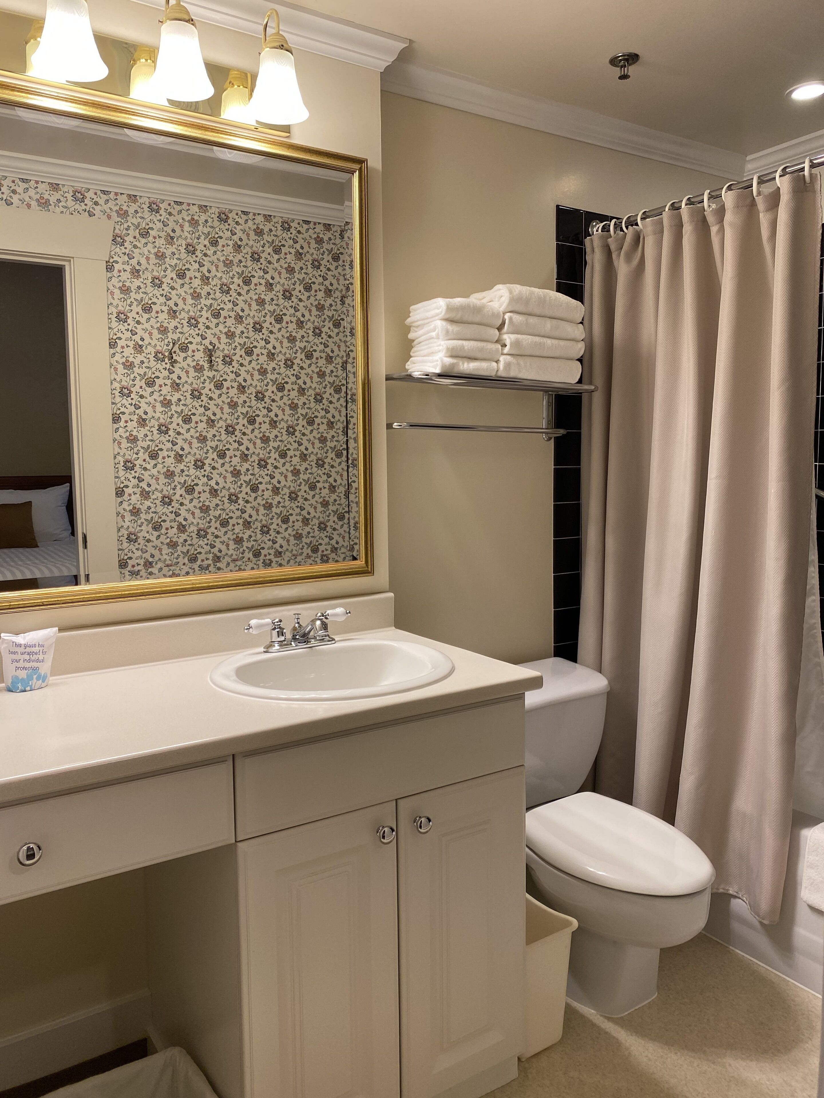 Une salle de bain équipée d’un lavabo, d’un miroir, de toilettes et d’un rideau de douche.