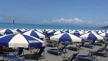 Una spiaggia con file di ombrelloni e lettini azzurri e bianchi, tipica di una zona balneare di un albergo.