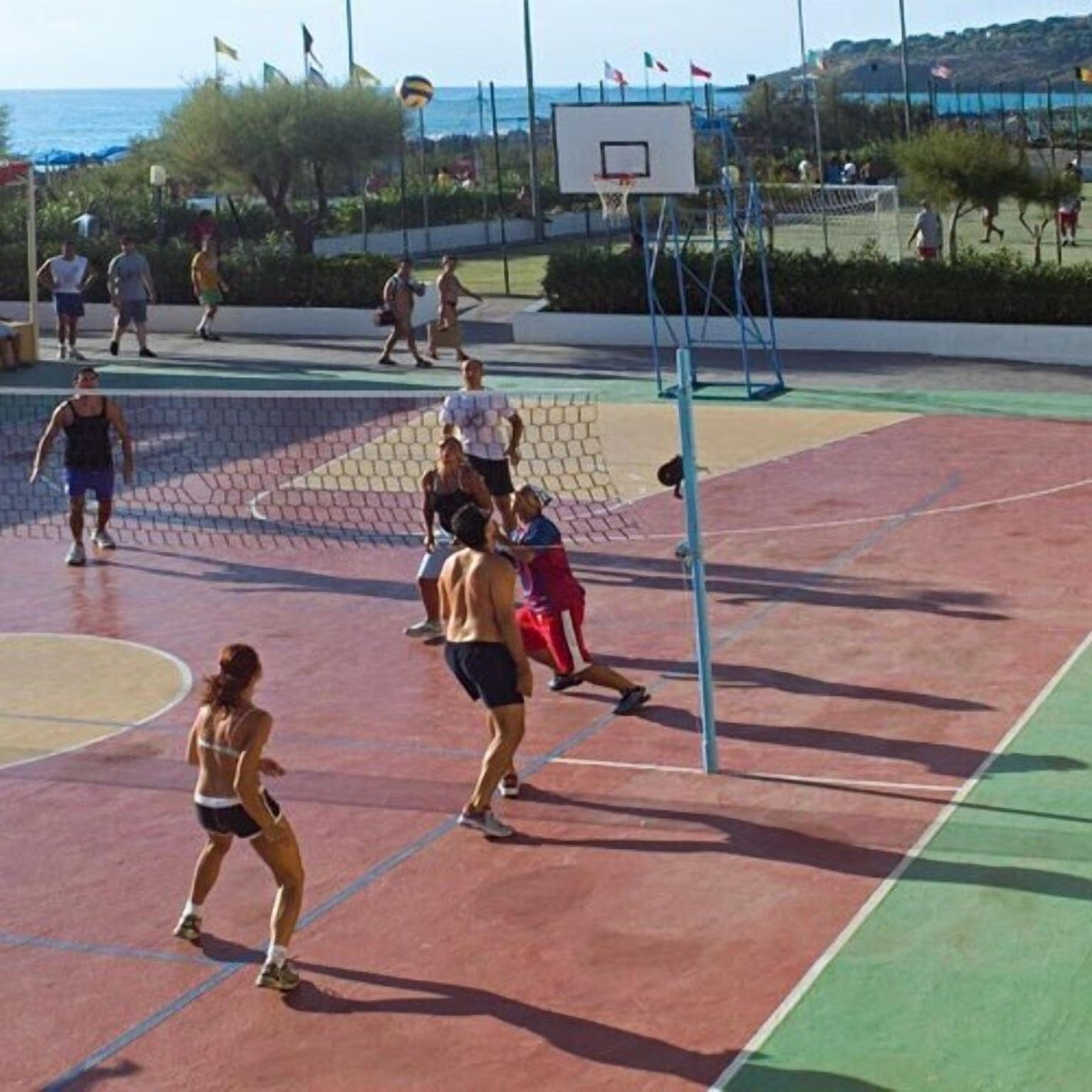 An outdoor basketball court with a net, surrounded by spectators.