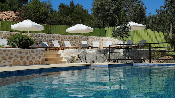 A swimming pool with lounge chairs and umbrellas, surrounded by stone walls and a green fence.