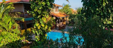 Alberca al aire libre y camastros