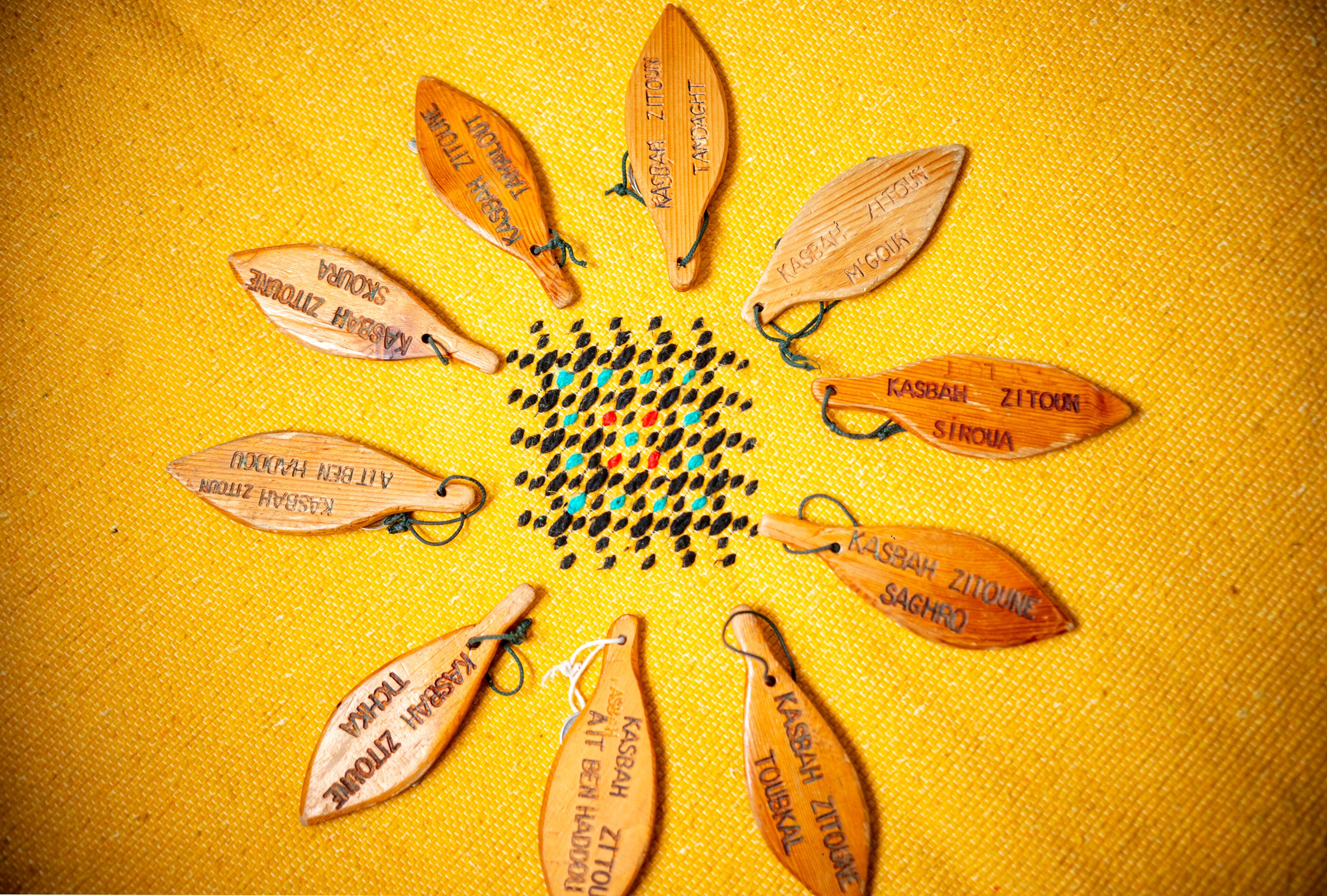 Des plaques en bois, sur lesquelles du texte est disposé en cercle, sur un fond en tissu jaune.