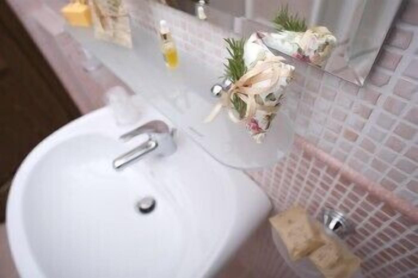 Un baño con un lavamanos blanco, un espejo y una decoración floral y vegetal.