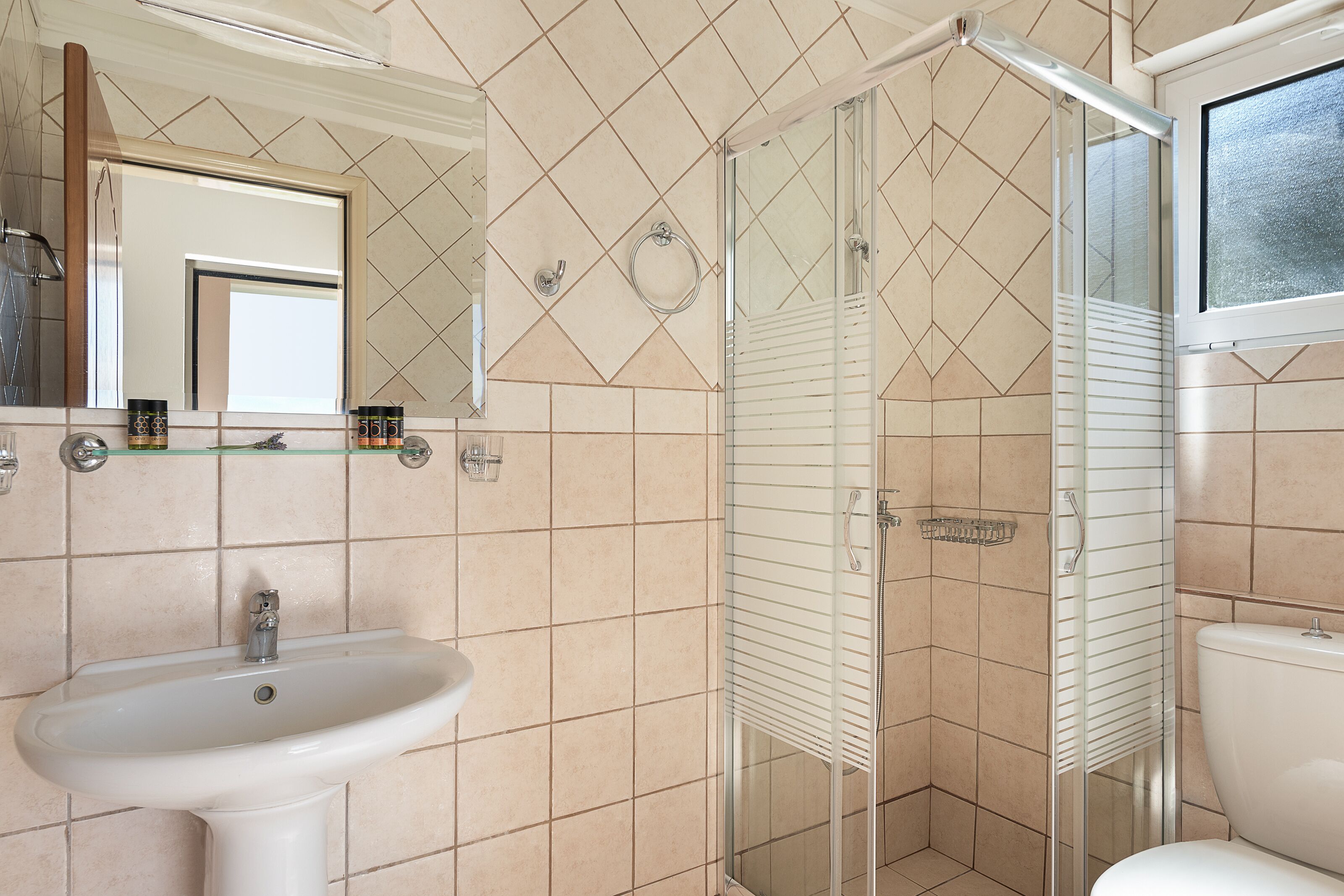 Un baño con lavamanos, espejo, ducha e inodoro.
