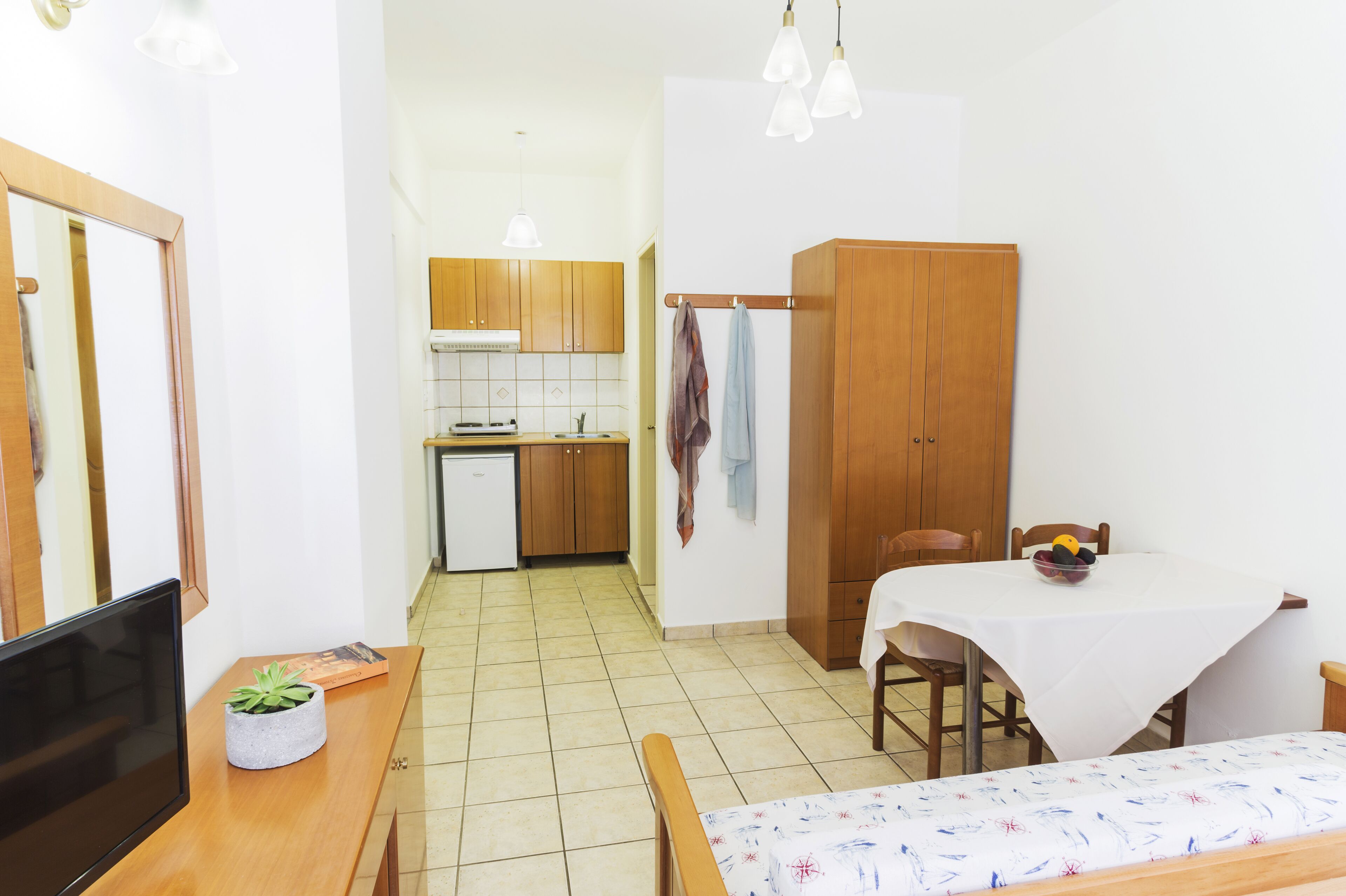 A compact room with a bed, a small table, a TV, a potted plant, a kitchenette, and a dining area with a table and chairs.