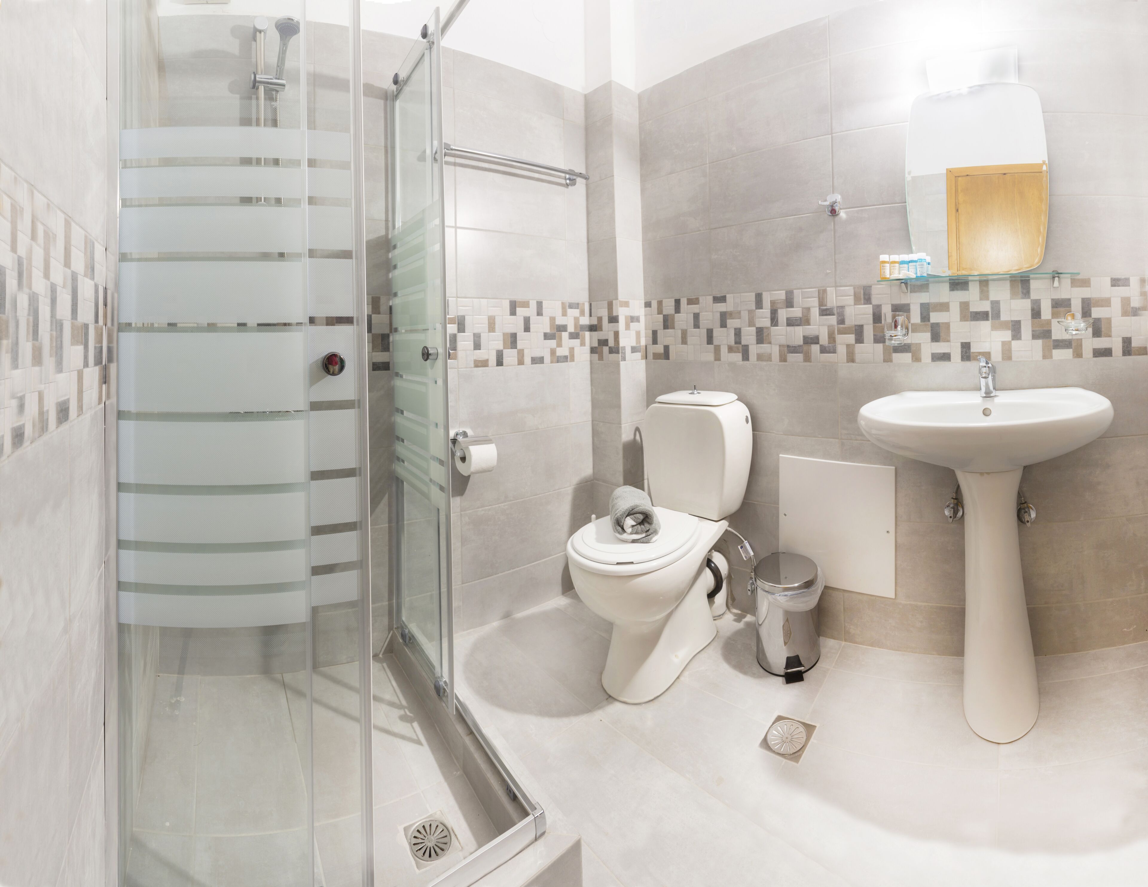 A modern bathroom with a glass shower enclosure, a toilet, and a sink.
