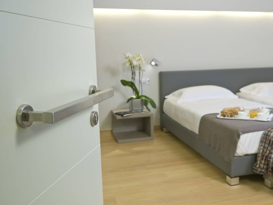 A modern hotel room with a bed, bedside table, and a small plant.