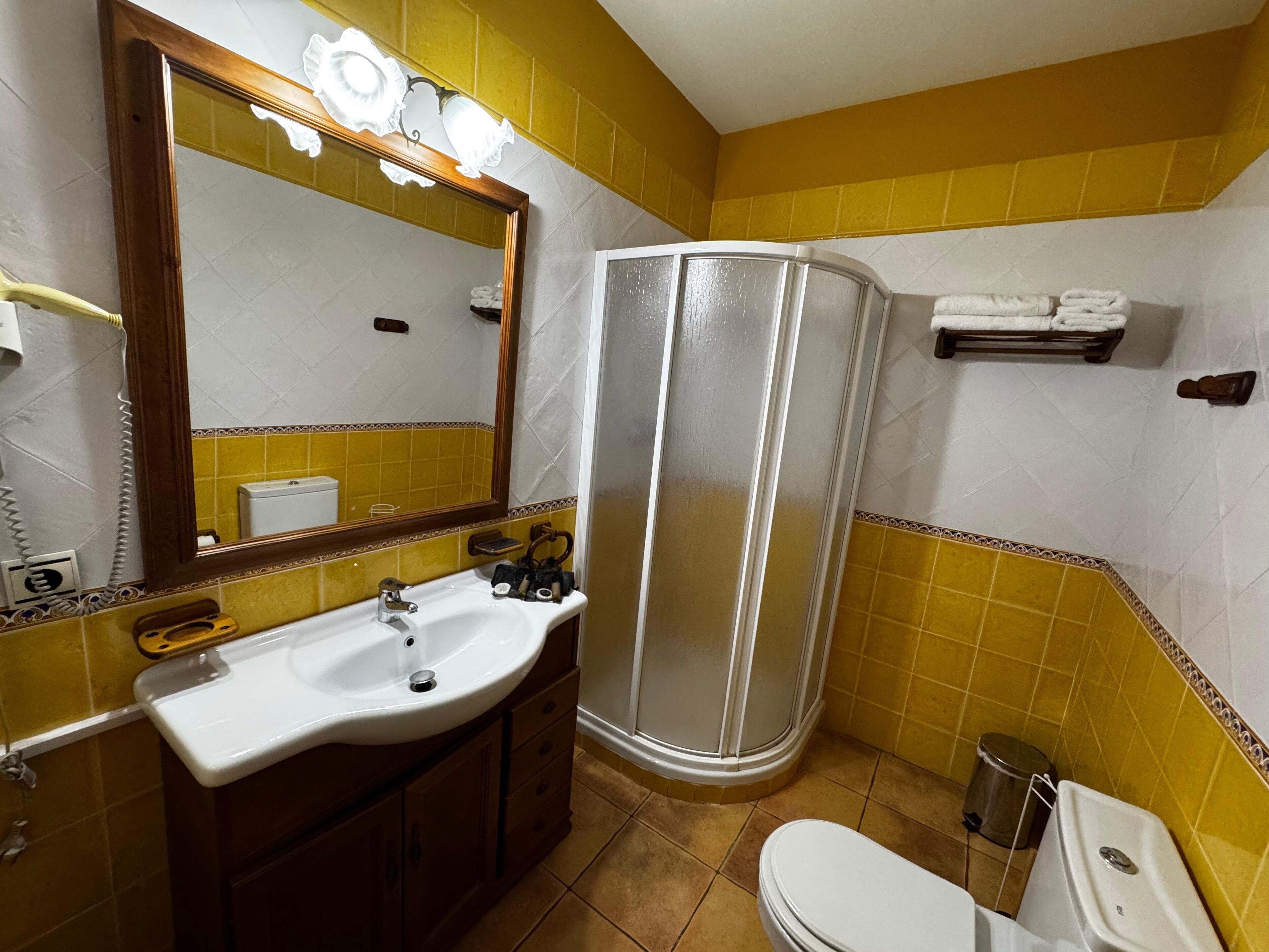 A bathroom with a sink, mirror, toilet, and shower.