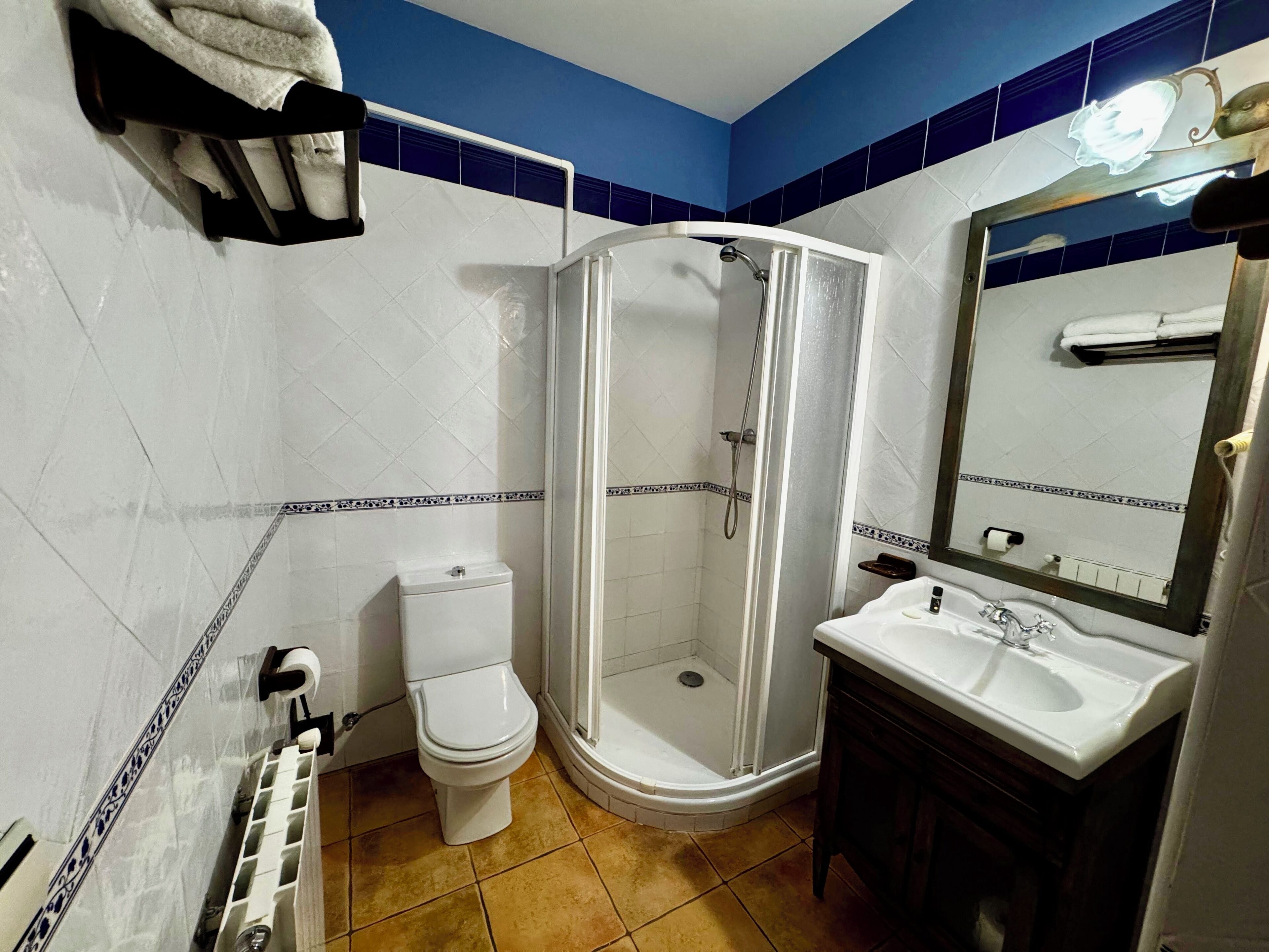 Un baño con inodoro blanco, cabina de ducha y lavamanos con espejo.