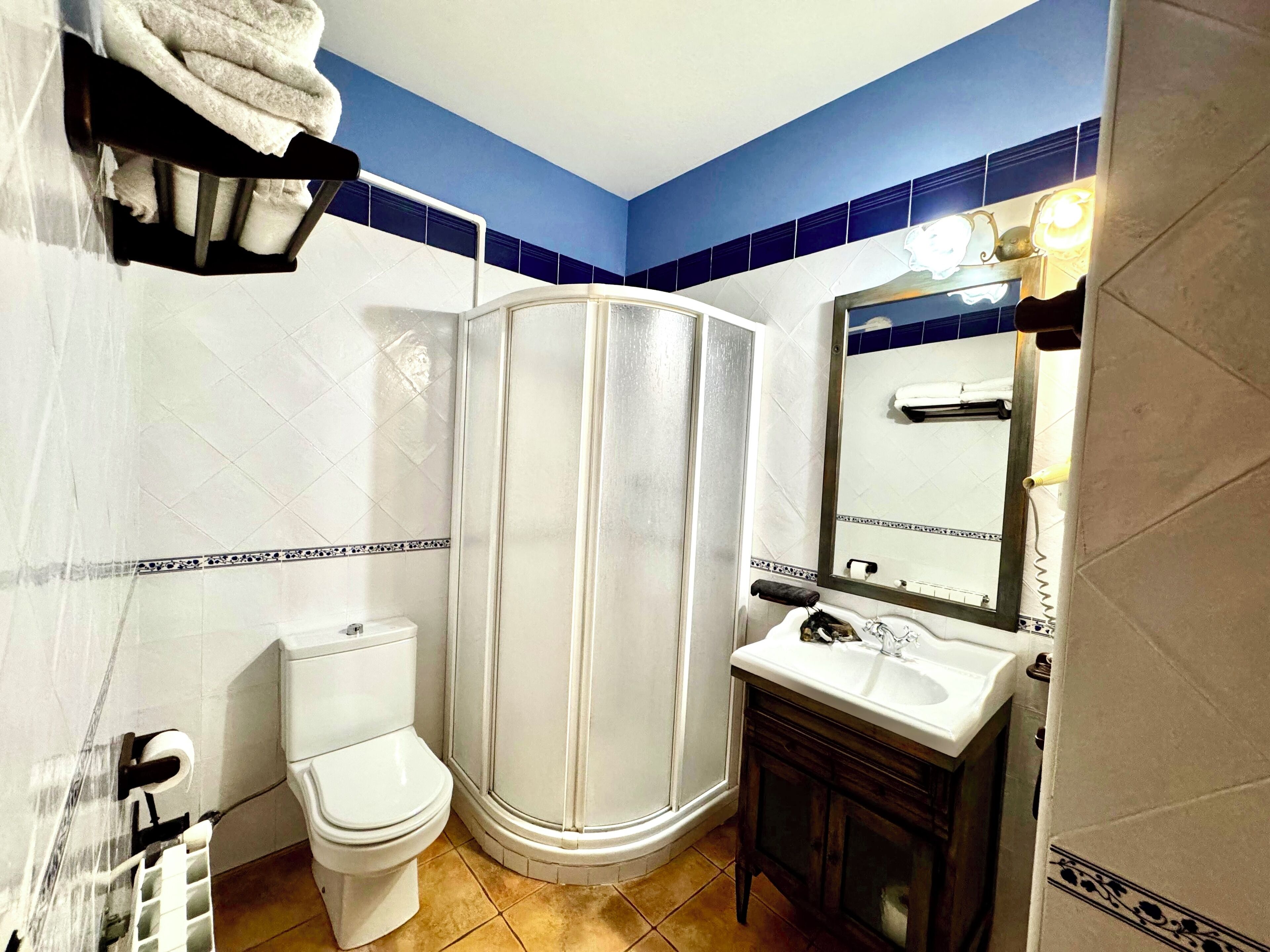 Ein Badezimmer mit Toilette, Dusche und Waschbecken mit Spiegel.
