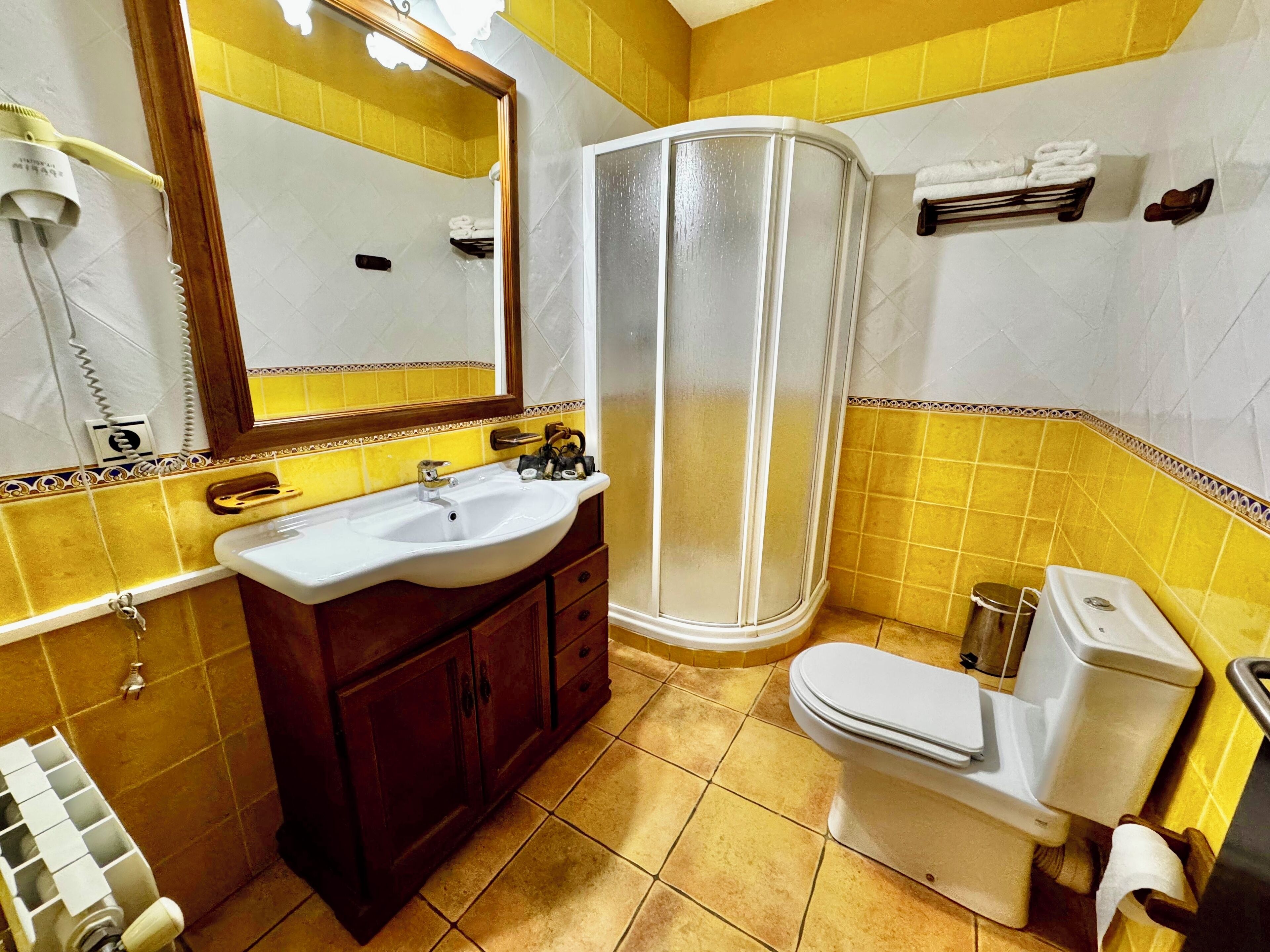 Un bagno con un lavandino bianco, un mobile vanitario in legno, una cabina doccia in vetro e un water.