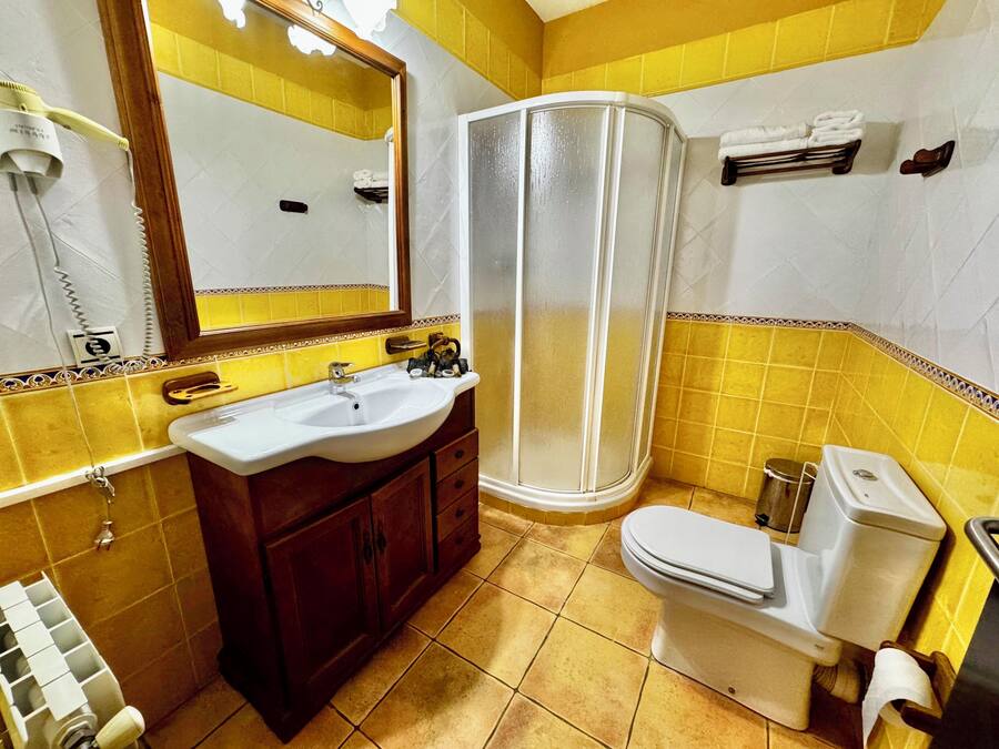 Un bagno con un lavandino bianco, un mobile vanitario in legno, una cabina doccia in vetro e un water.