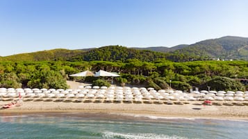 En privat strand, liggestole, parasoller, badehåndklæder