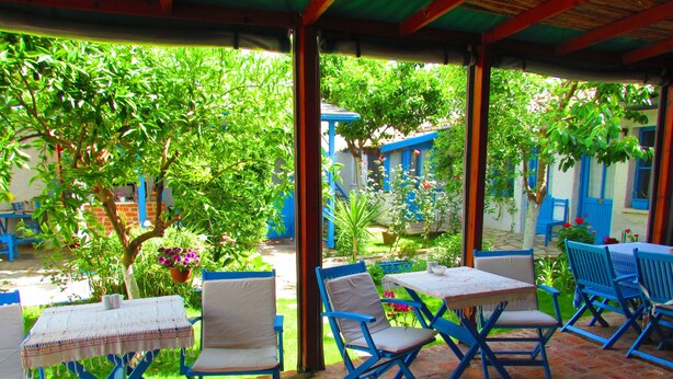 An outdoor patio with blue chairs and tables, surrounded by lush greenery and a blue building in the background. - Amazon Antique (Selçuk)